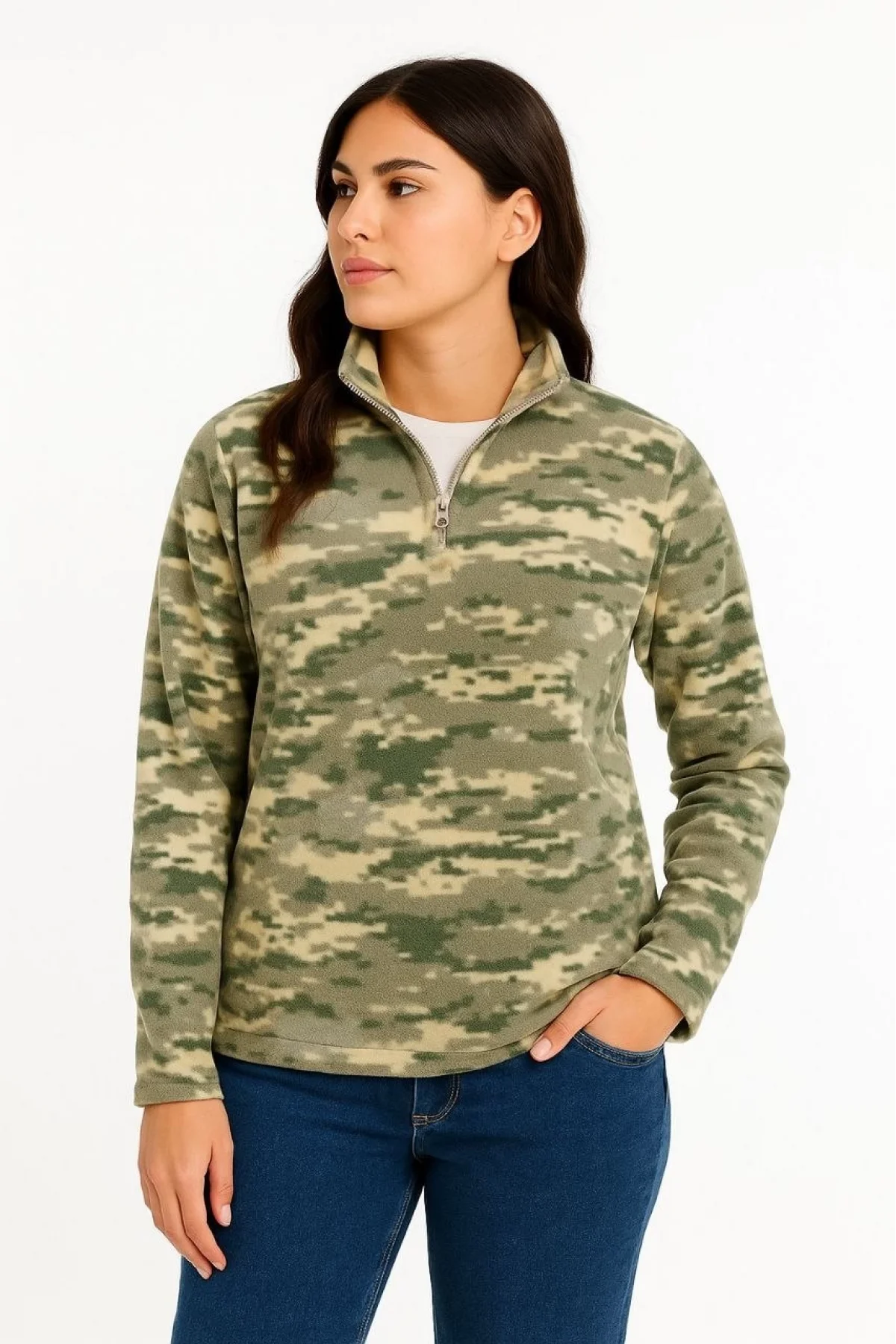 Kadın Yarım Fermuarlı Desenli Polar Sweat – Haki Kamuflaj Yakalı, Uzun Kollu, Oversize Rahat Kalıp - Haki