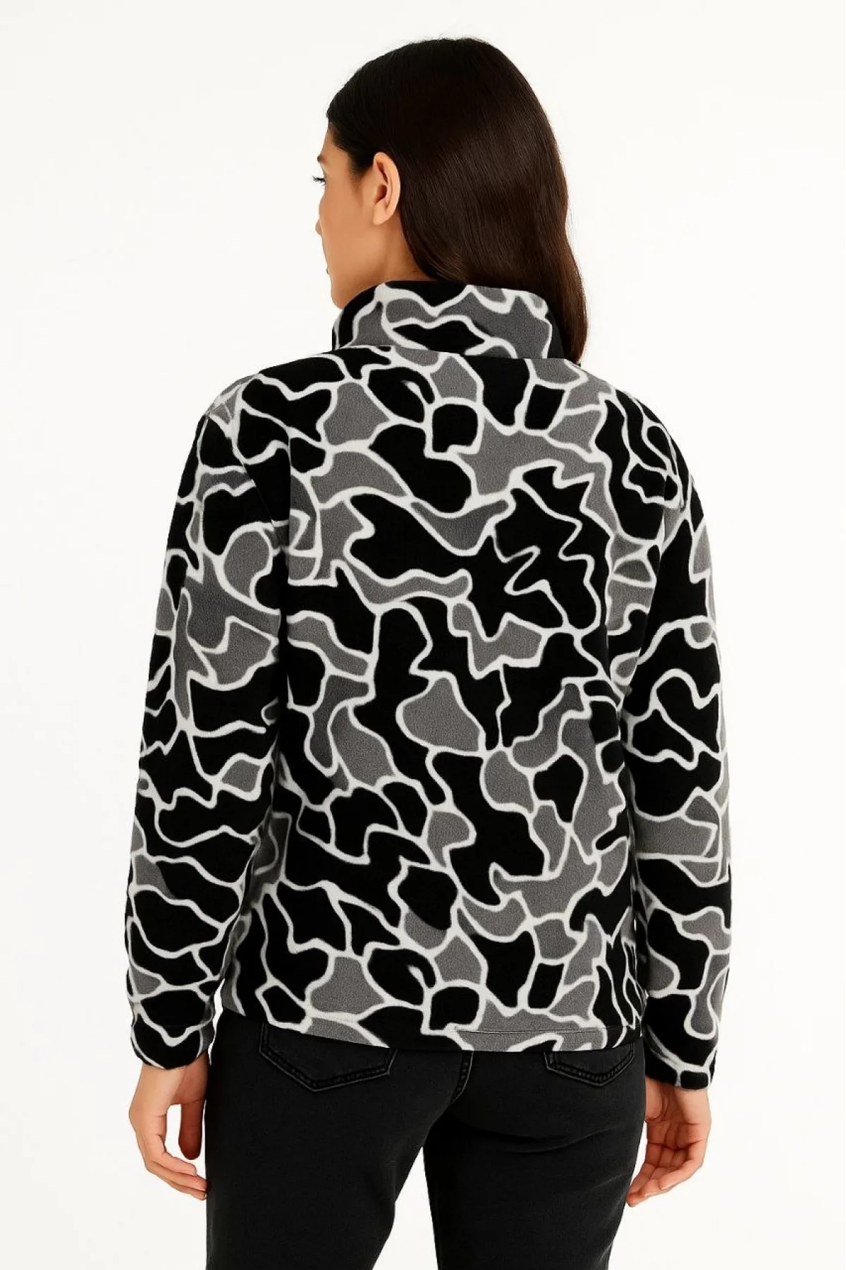 KADIN Yarım Fermuarlı Desenli Polar Sweat Yakalı, Uzun Kollu, Oversize Rahat Kalıp - Siyah