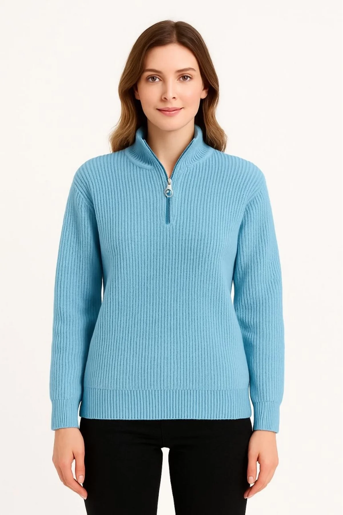 KADIN Yarım Fermuarlı Triko Kazak – Selanik Örgü, Dik Yaka, Pamuklu Dokuma, Oversize Uzun Kollu Kışlık Model - Bebe Mavisi