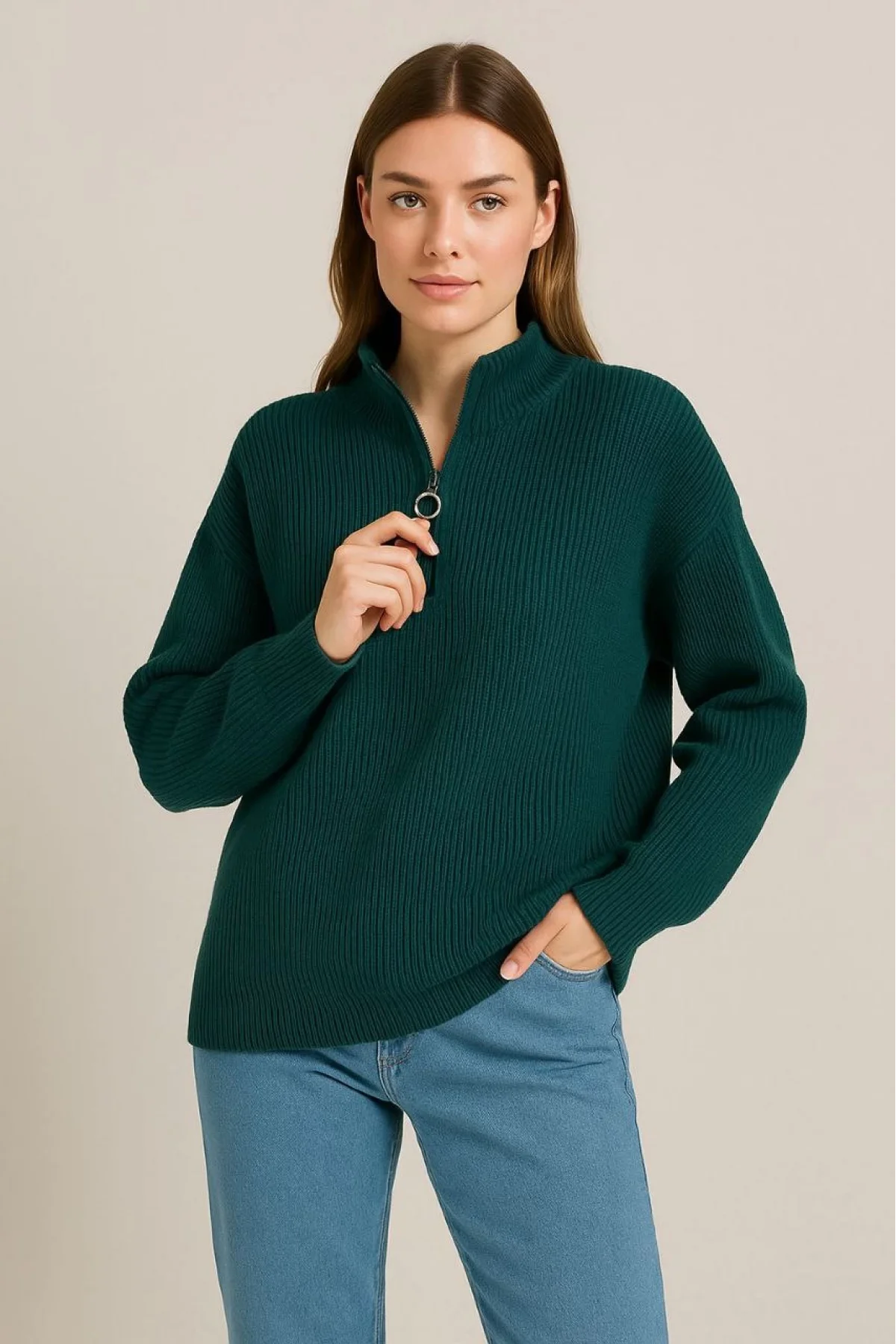 KADIN Yarım Fermuarlı Triko Kazak – Selanik Örgü, Dik Yaka, Pamuklu Dokuma, Oversize Uzun Kollu Kışlık Model - Haki