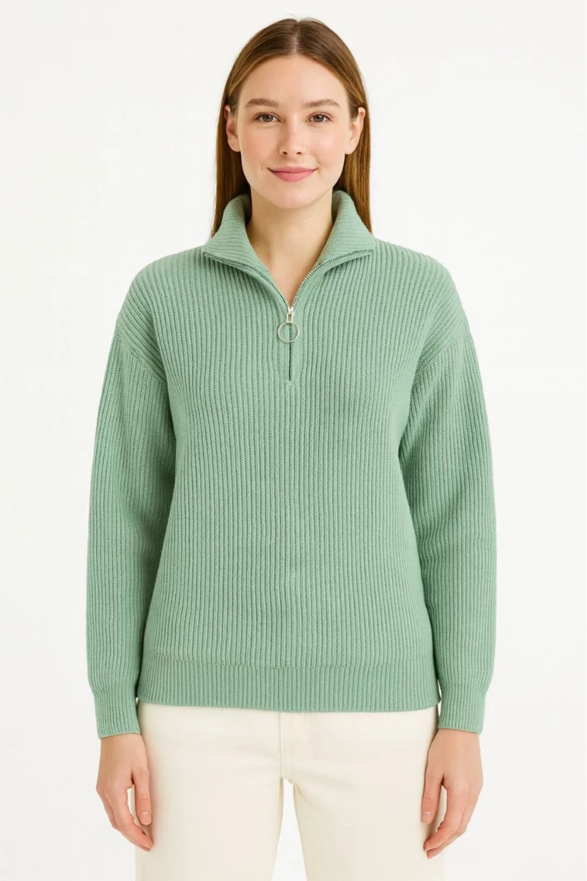 KADIN Yarım Fermuarlı Triko Kazak – Selanik Örgü, Dik Yaka, Pamuklu Dokuma, Oversize Uzun Kollu Kışlık Model - Mint Yeşili