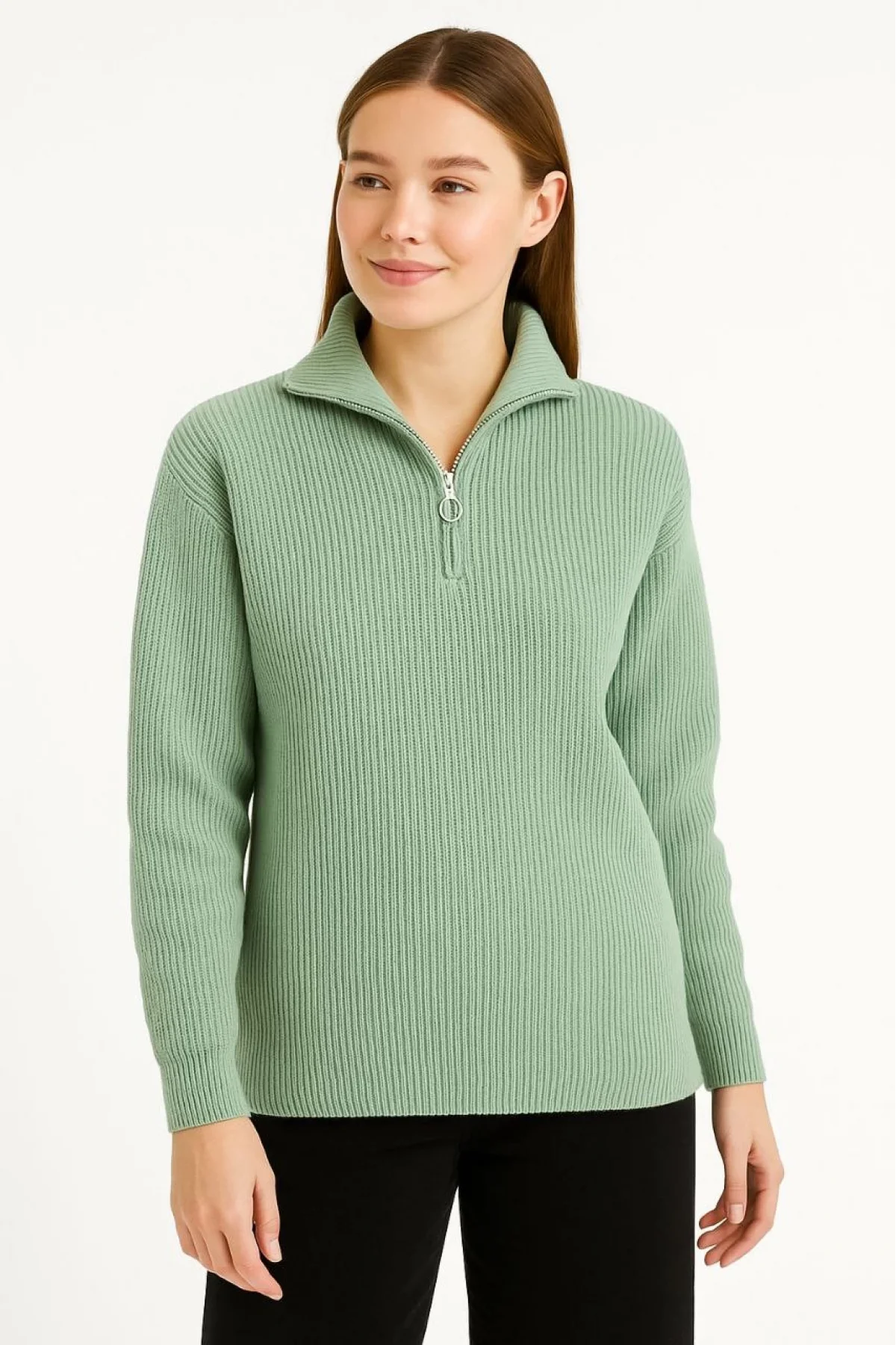 KADIN Yarım Fermuarlı Triko Kazak – Selanik Örgü, Dik Yaka, Pamuklu Dokuma, Oversize Uzun Kollu Kışlık Model - Mint Yeşili