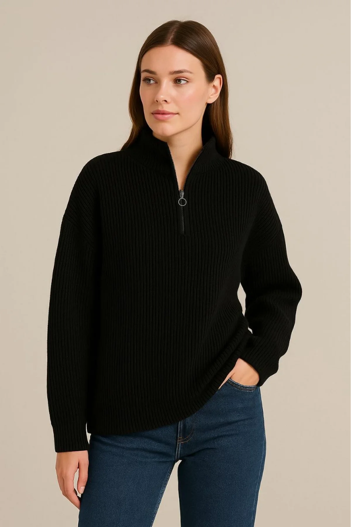 KADIN Yarım Fermuarlı Triko Kazak – Selanik Örgü, Dik Yaka, Pamuklu Dokuma, Oversize Uzun Kollu Kışlık Model - Siyah