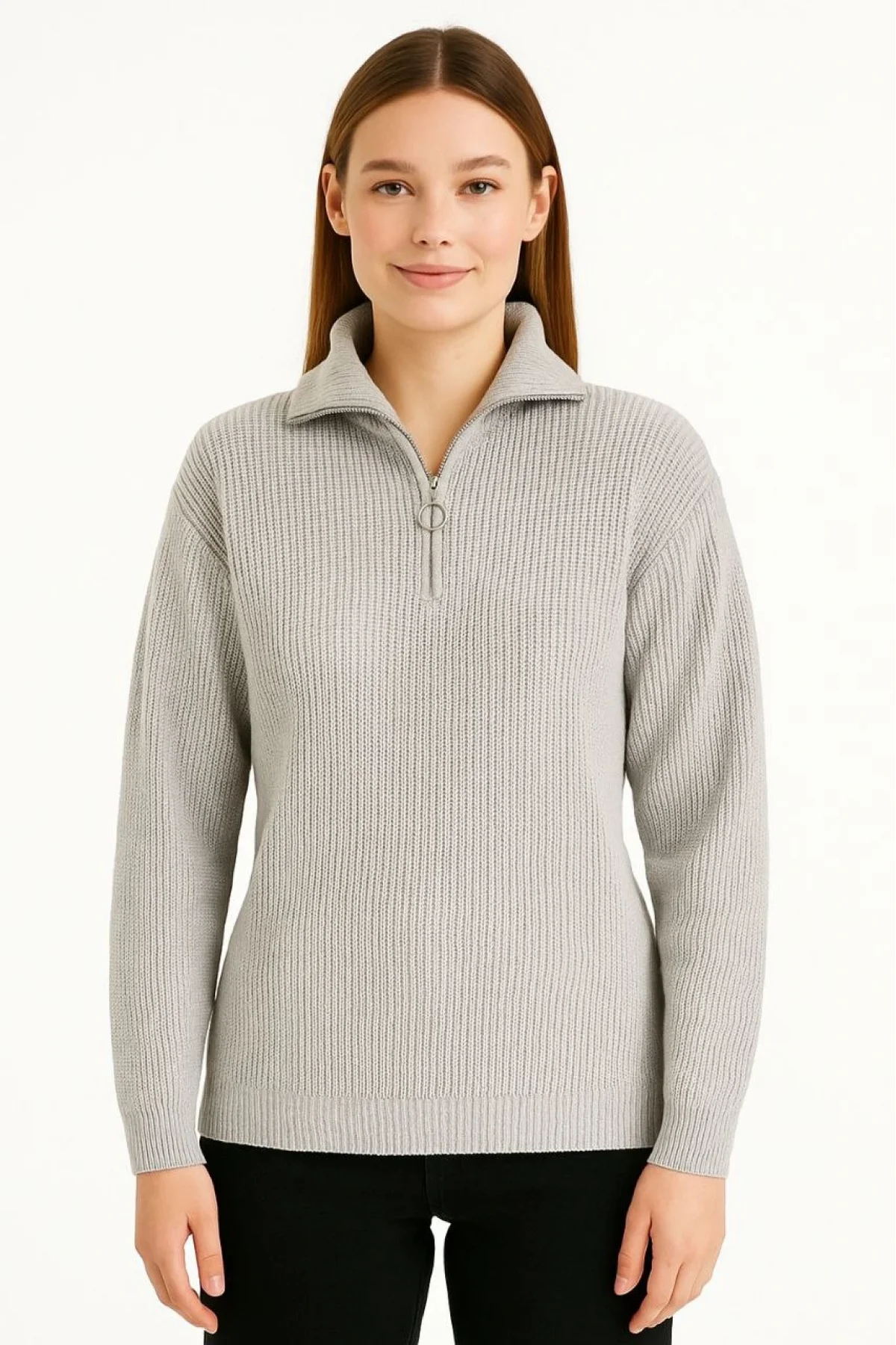 KADIN Yarım Fermuarlı Triko Kazak – Selanik Örgü, Dik Yaka, Pamuklu Dokuma, Regular Fit Uzun Kollu Kışlık Model - Gri