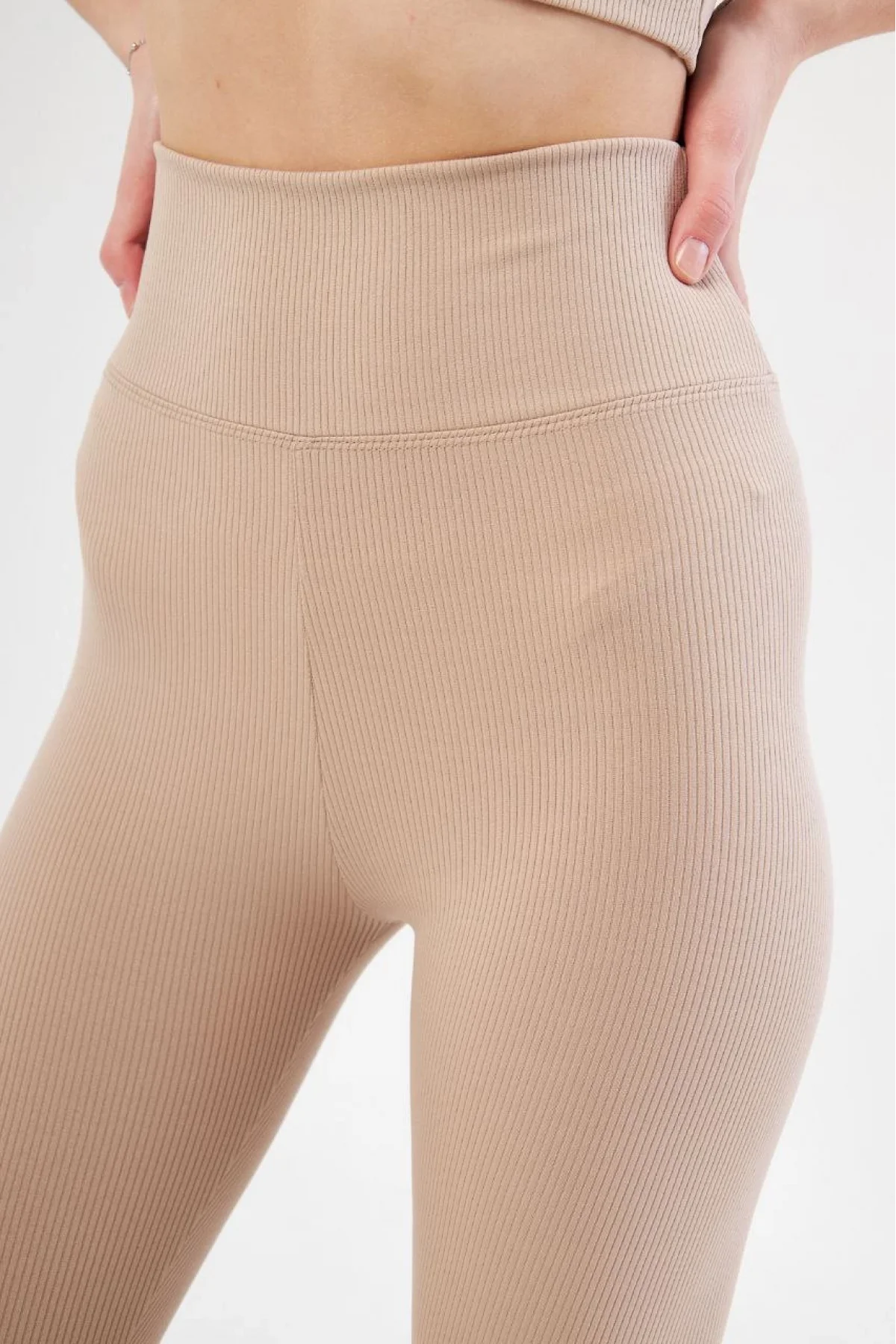 Kadın Fitilli Full Likralı Yüksek Bel Toparlayıcı Tayt Günlük ve Spor Kullanım - Bej