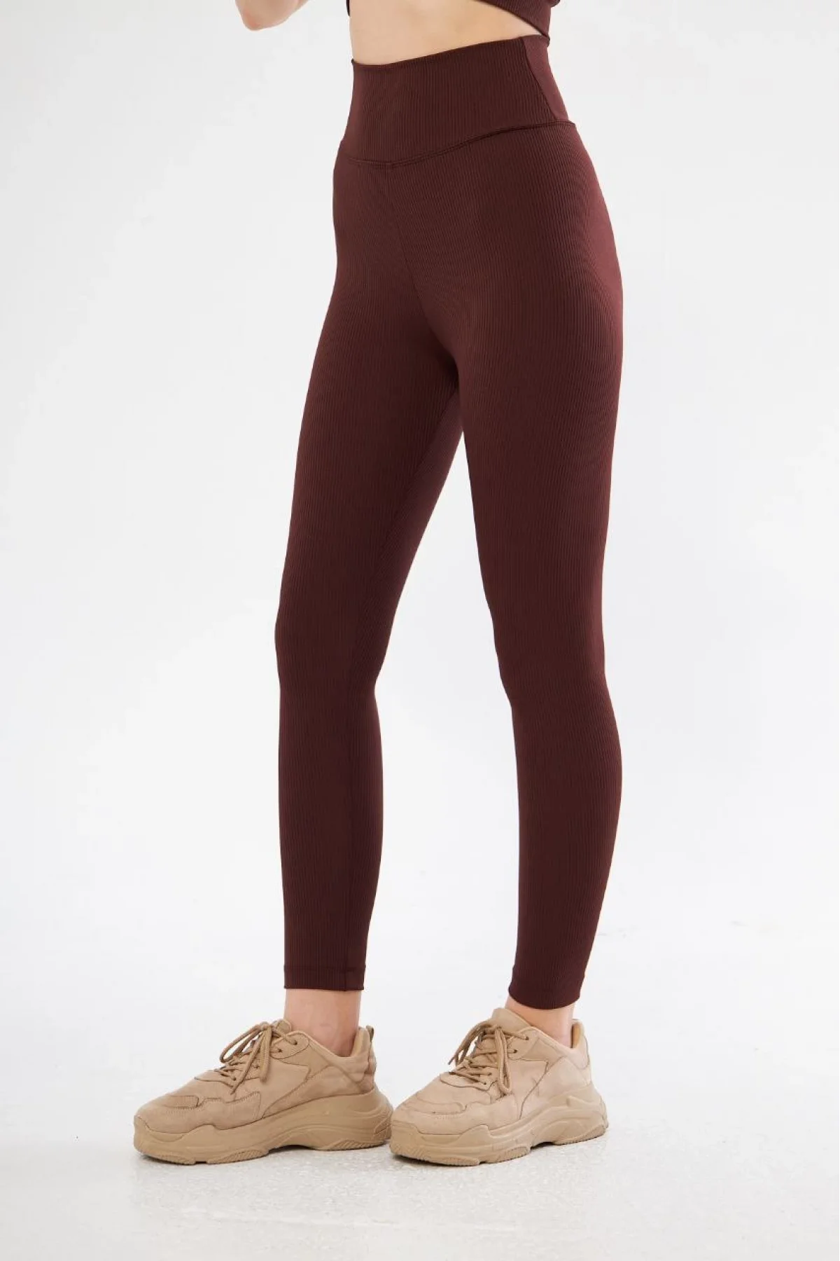 Kadın Fitilli Full Likralı Yüksek Bel Toparlayıcı Tayt Günlük ve Spor Kullanım - Bordo