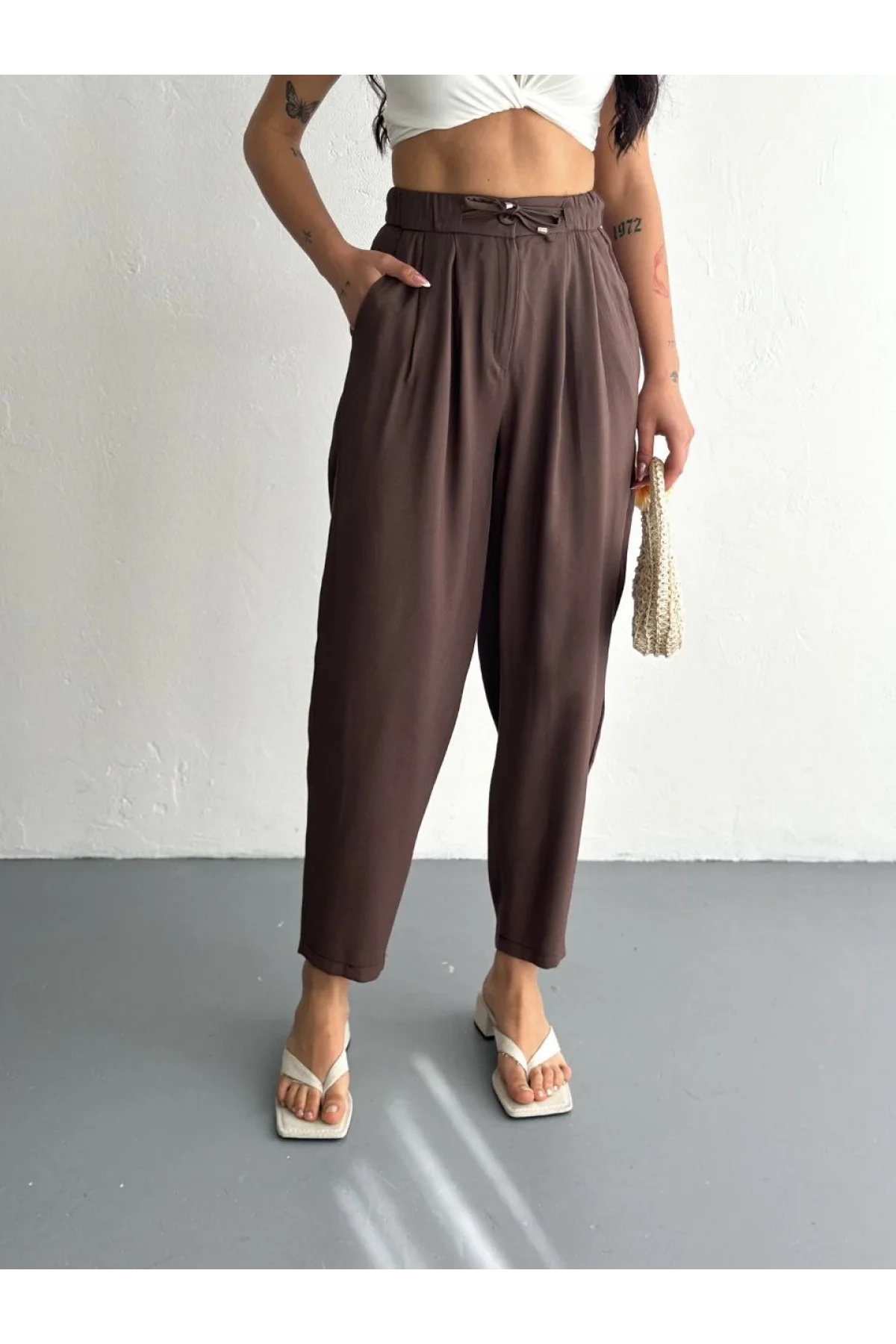 Kadın Yüksel Bel Rahat Boru Paça Pantalon - Kahverengi