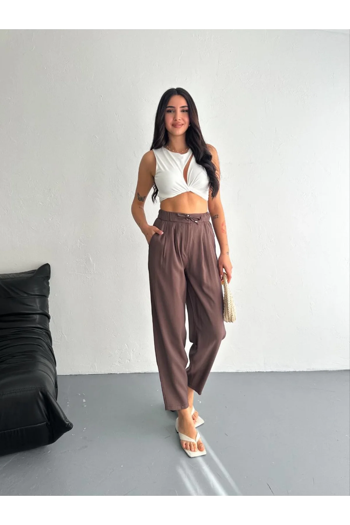 Kadın Yüksel Bel Rahat Boru Paça Pantalon - Kahverengi