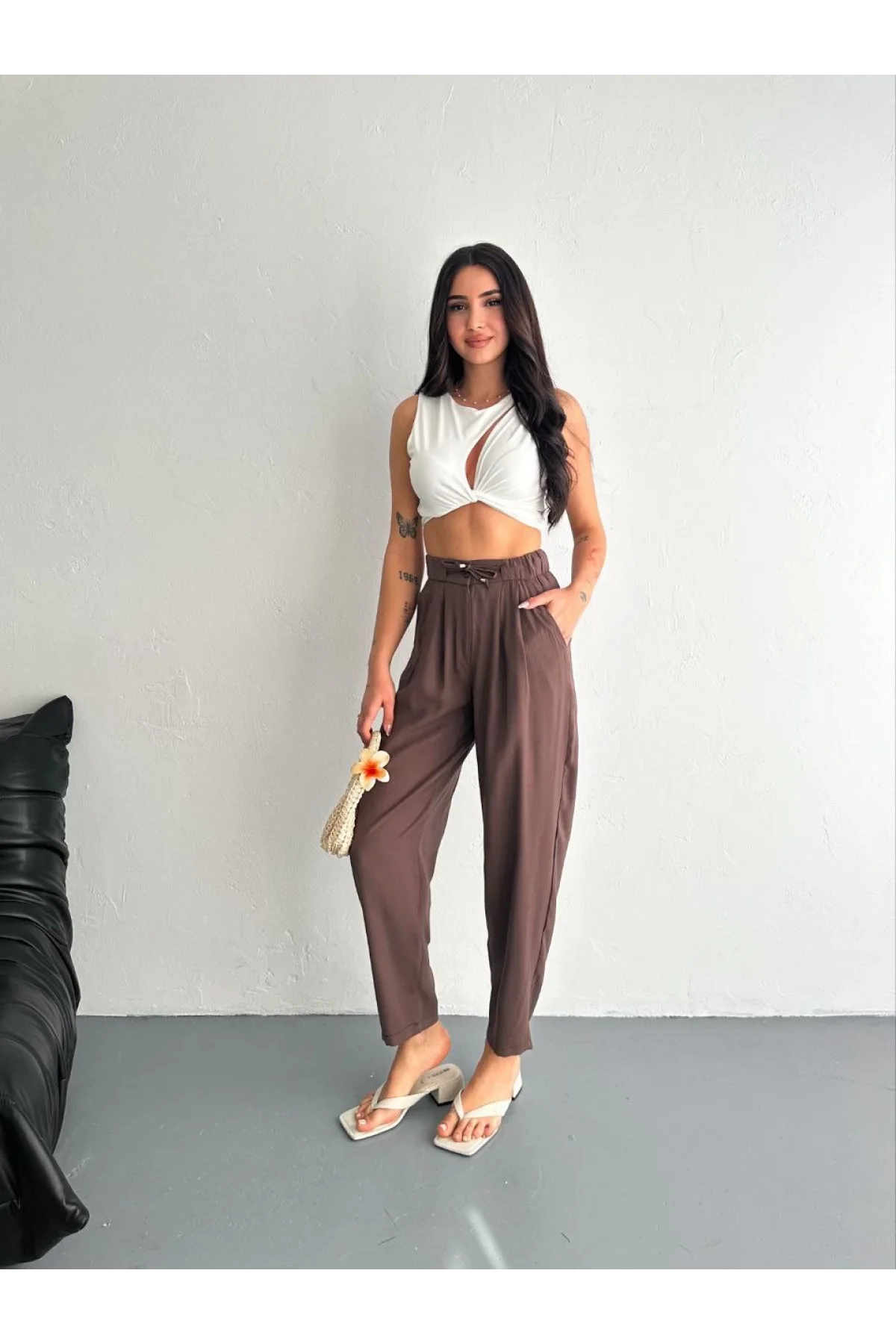 Kadın Yüksel Bel Rahat Boru Paça Pantalon - Kahverengi