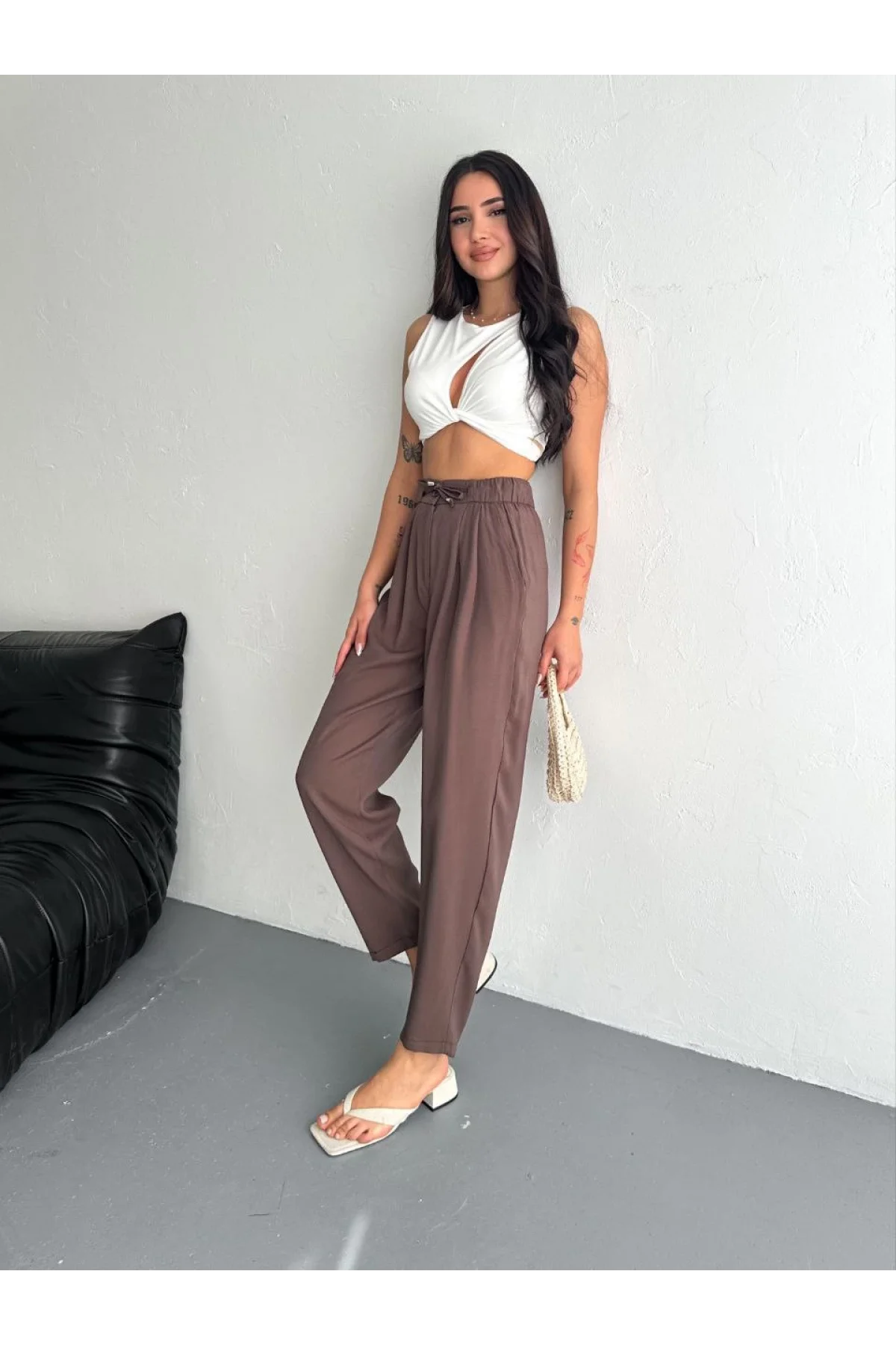Kadın Yüksel Bel Rahat Boru Paça Pantalon - Kahverengi