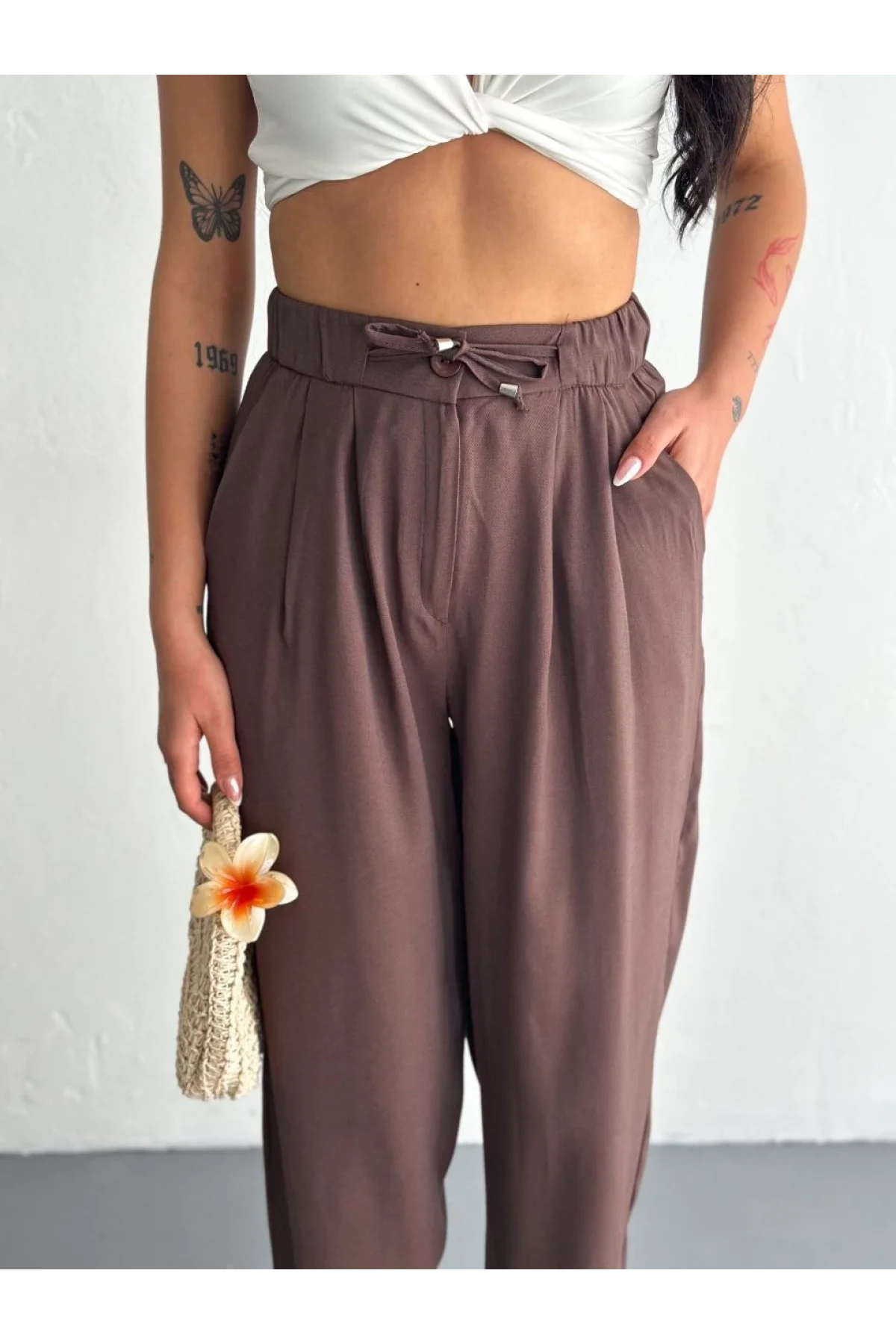 Kadın Yüksel Bel Rahat Boru Paça Pantalon - Kahverengi