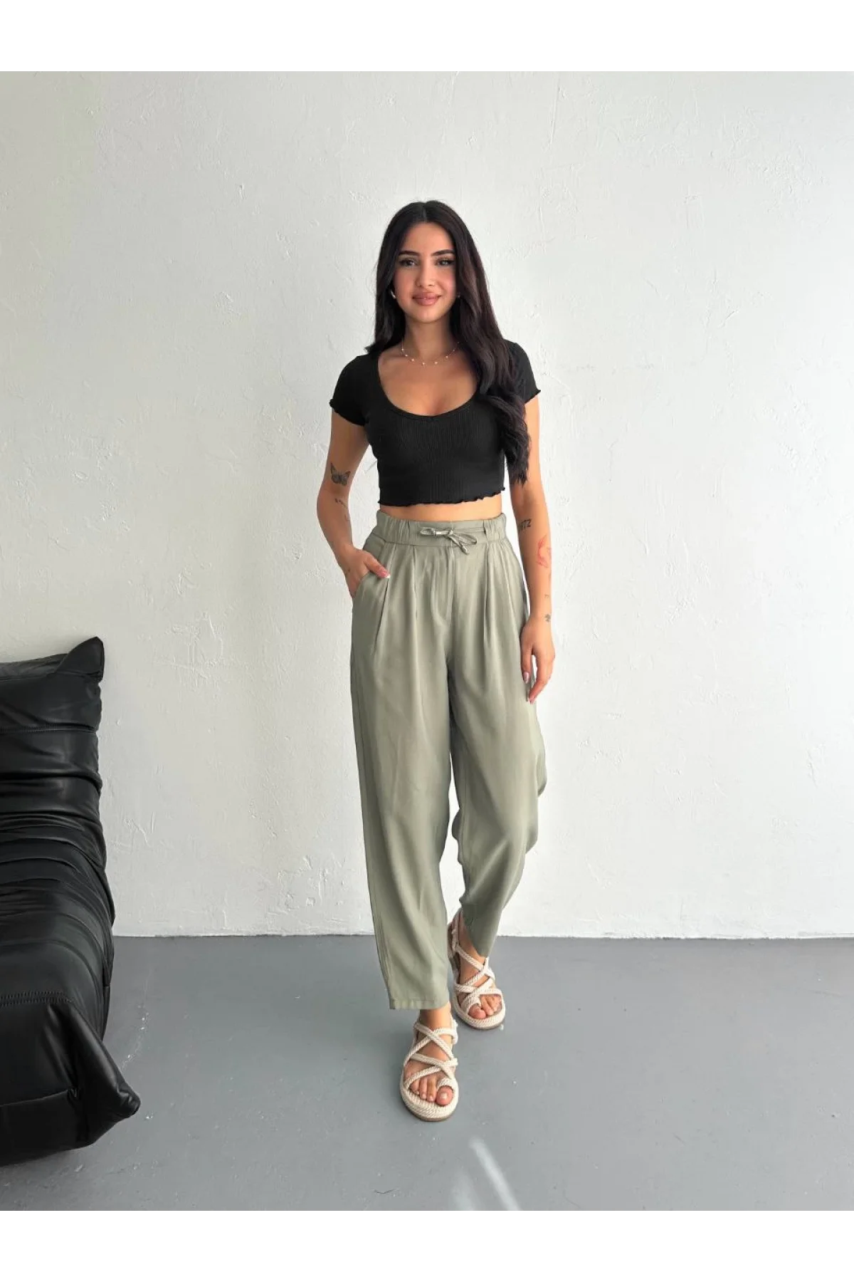 Kadın Yüksel Bel Beli Bağcıklı Cepli Rahat Paça Pantalon - Su Yeşili