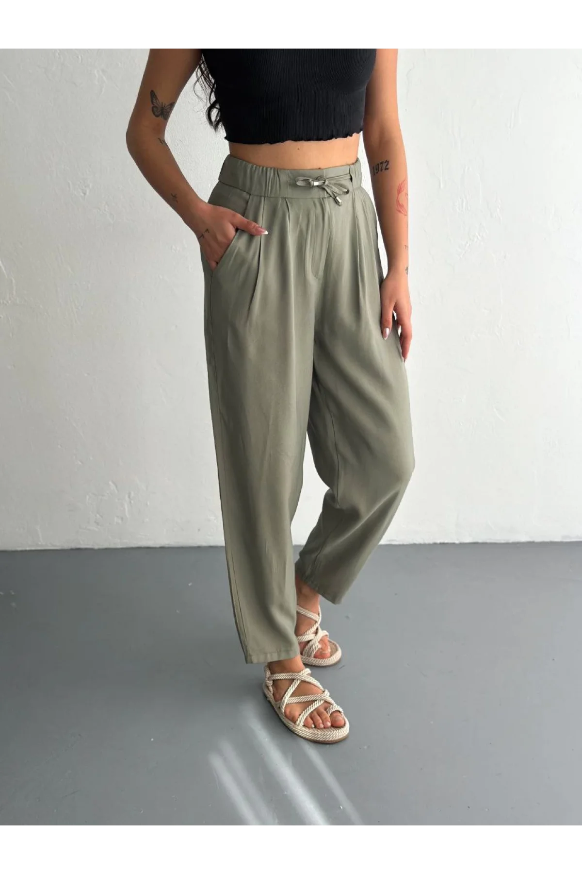 Kadın Yüksel Bel Beli Bağcıklı Cepli Rahat Paça Pantalon - Su Yeşili