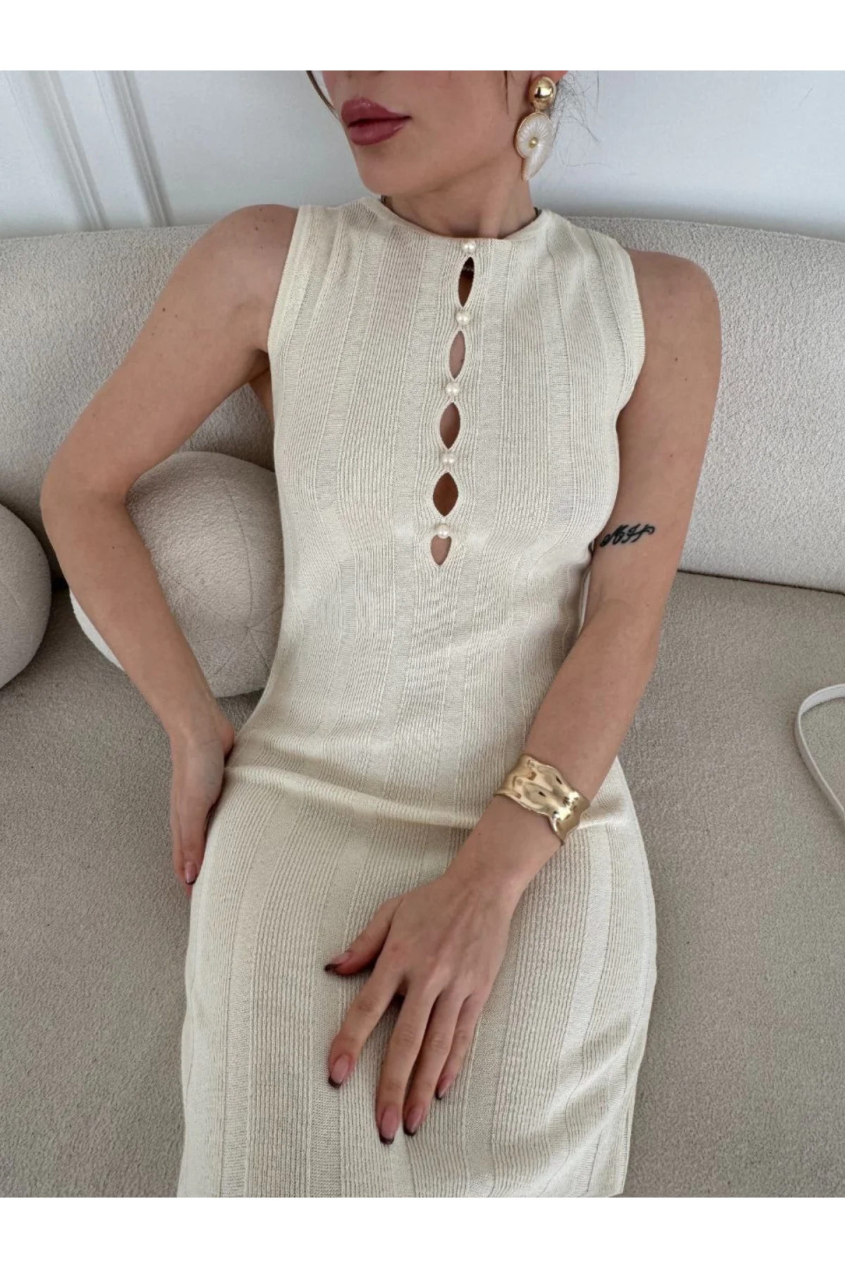 Kalın Fitilli Uzun Triko Elbise - Kırık Beyaz