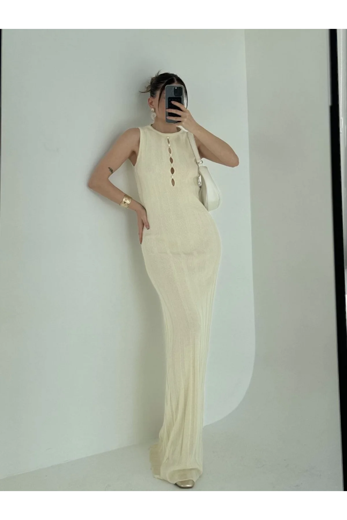 Kalın Fitilli Uzun Triko Elbise - Kırık Beyaz