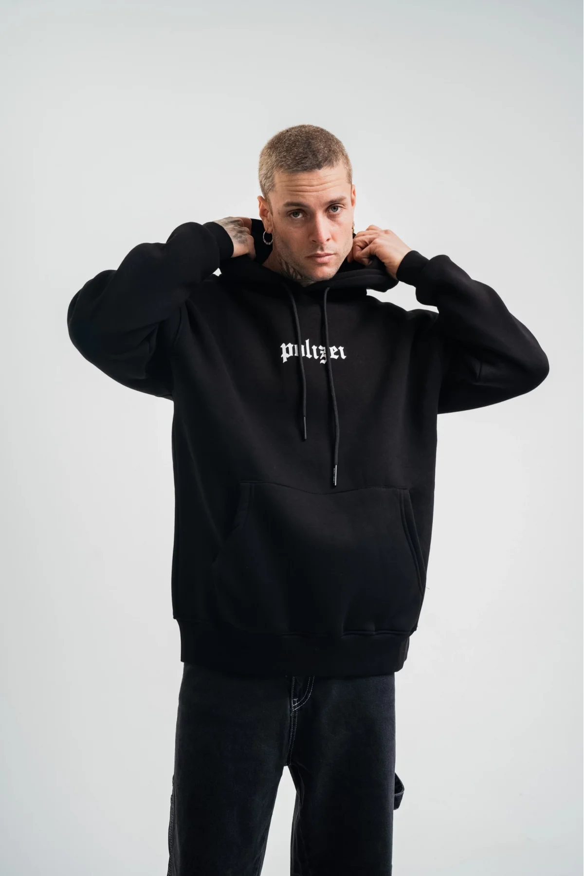 Kapşonlu Double Oversize Dijital Patchli SweatShirt - Siyah