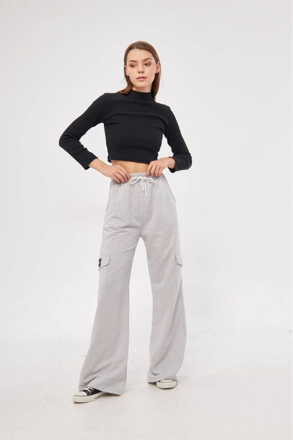 Kargo Cepli Palazzo Oversize Kesim İki iplik Bol Paça Eşofman Altı Pantalon - Gri