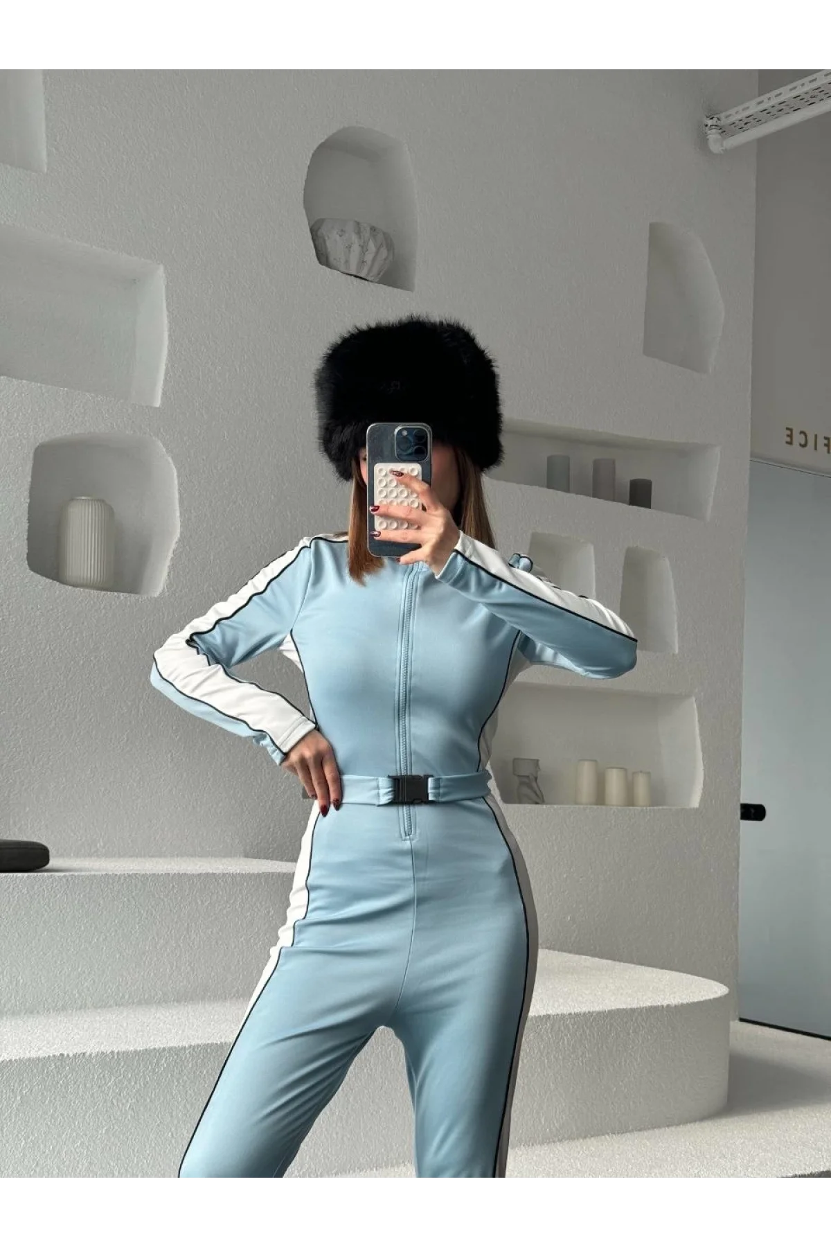 Kemer Detaylı Fermuarlı Tulum - Bebe Mavisi