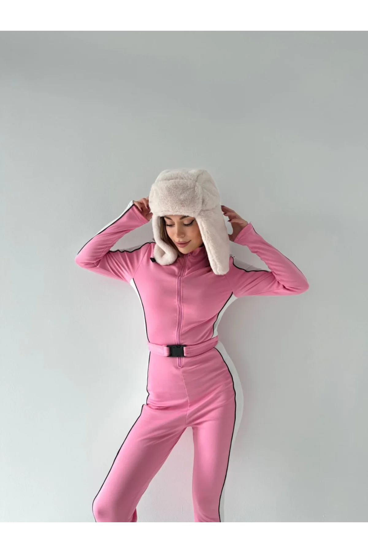 Kemer Detaylı Fermuarlı Tulum - Pembe