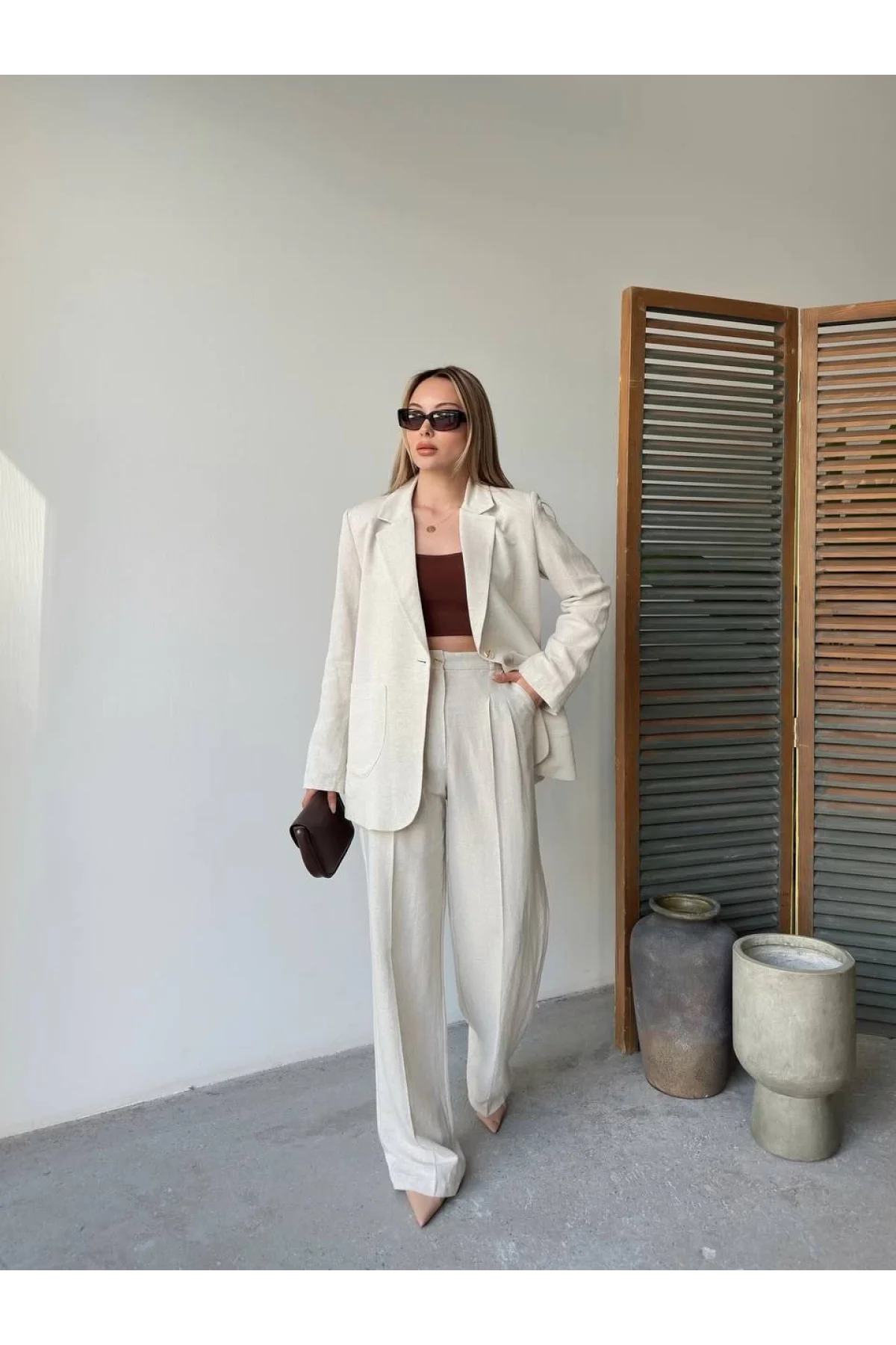 Keten Ceket Pantolon İlik Düğmeli Uzun Kollu Yırtmaçlı ikili Takım - Beyaz