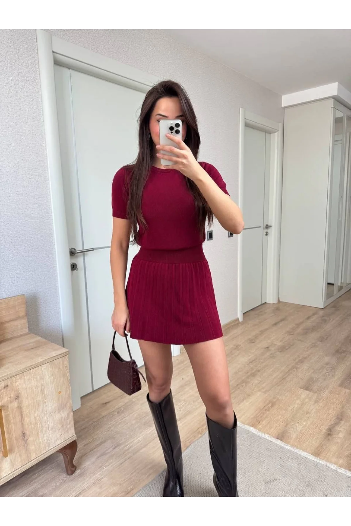 Kısa Kollu Bluz Mini Etekli ikili Takım Triko - Bordo