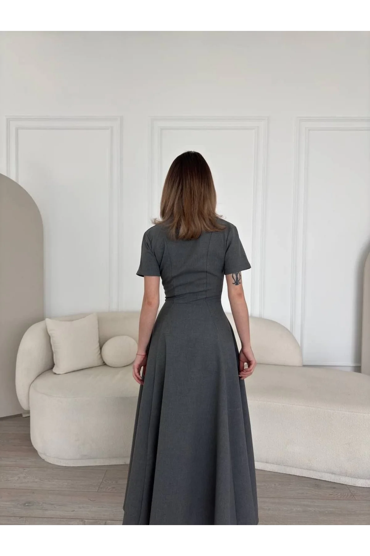 Kısa Kollu Önden Fermuarlı Çan Etekli Uzun Elbise - Antrasit
