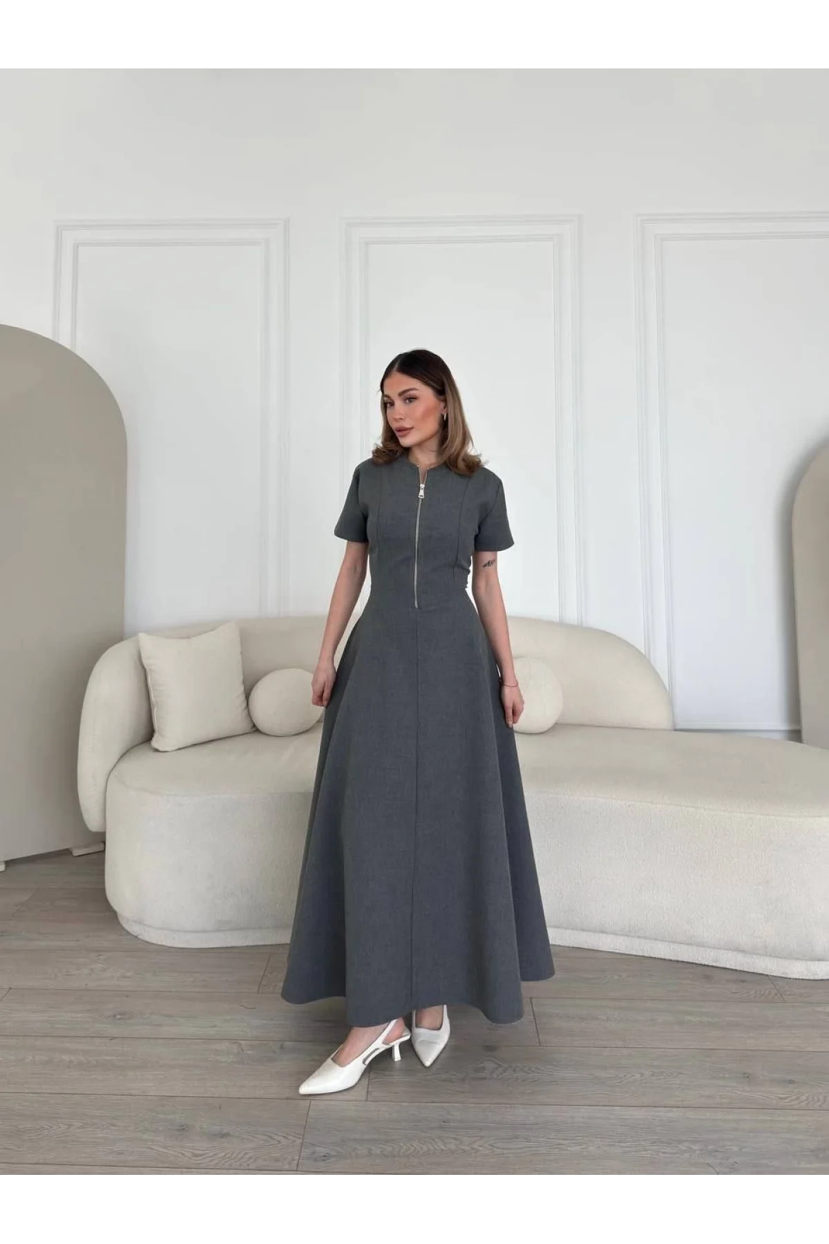 Kısa Kollu Önden Fermuarlı Çan Etekli Uzun Elbise - Antrasit