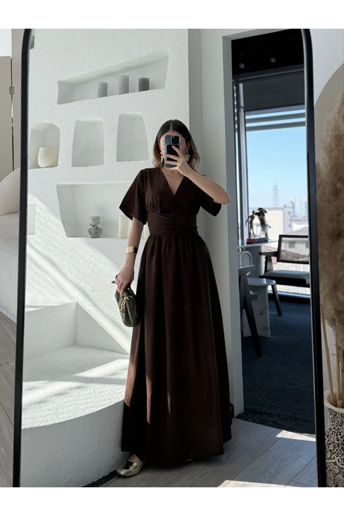 Kısa Kollu Uzun Elbise - Kahve