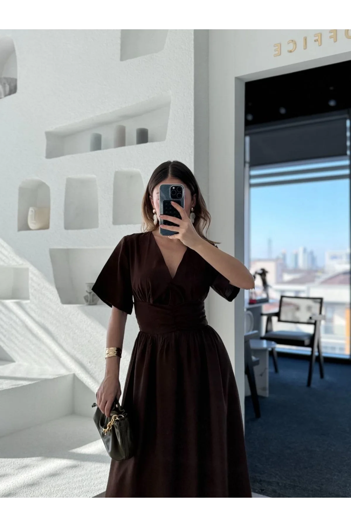 Kısa Kollu Uzun Elbise - Kahve