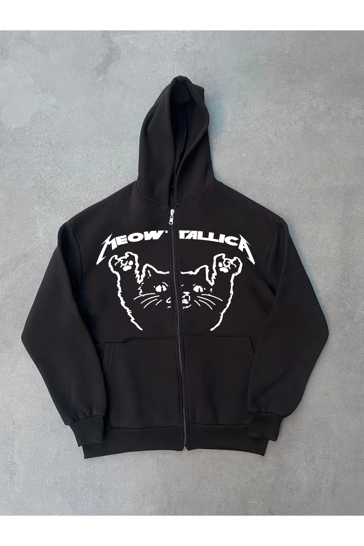 Kışlık Baskılı Fermuarlı Kapüşonlu Hırka - Siyah