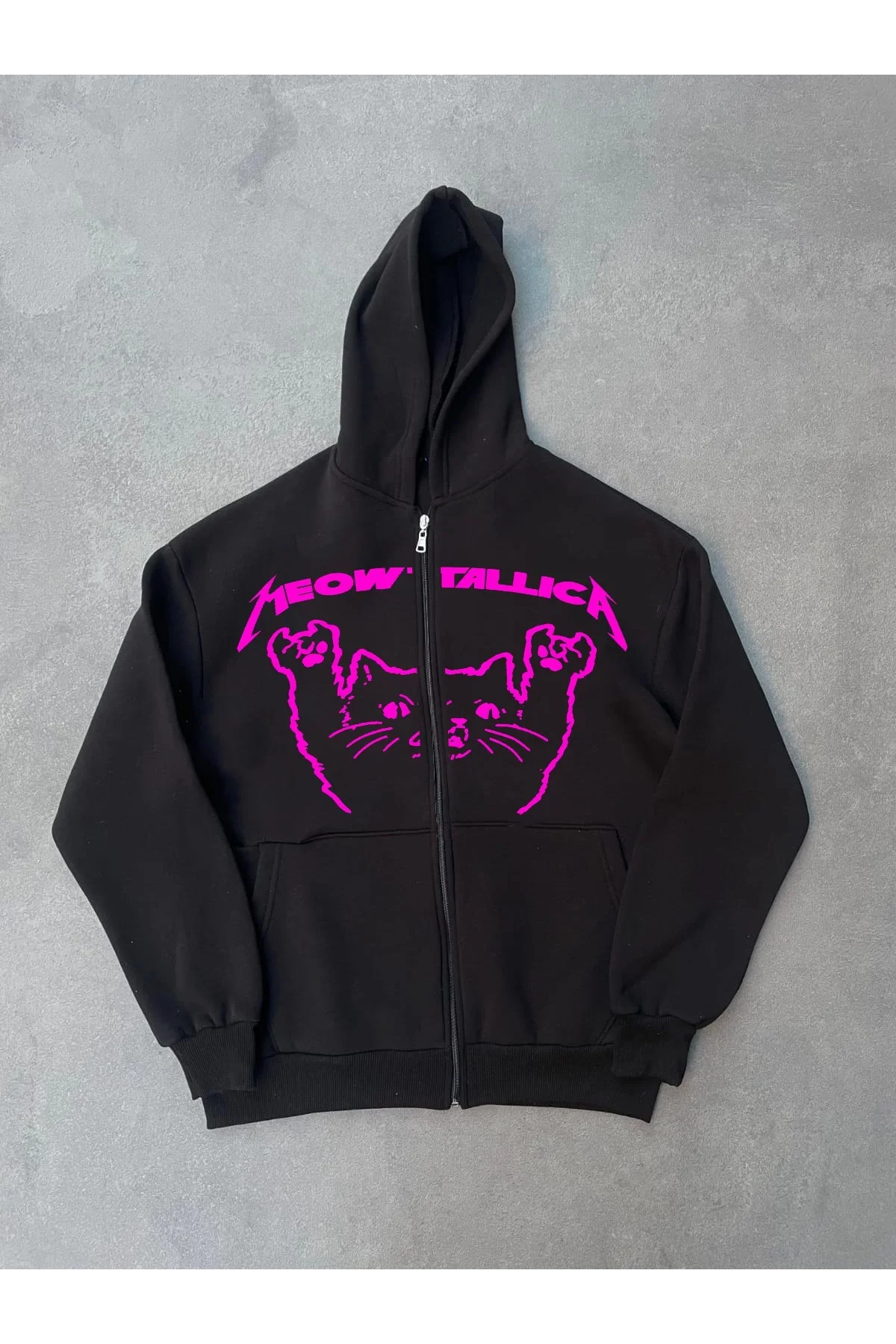 Kışlık Baskılı Fermuarlı Kapüşonlu Hırka - Siyah