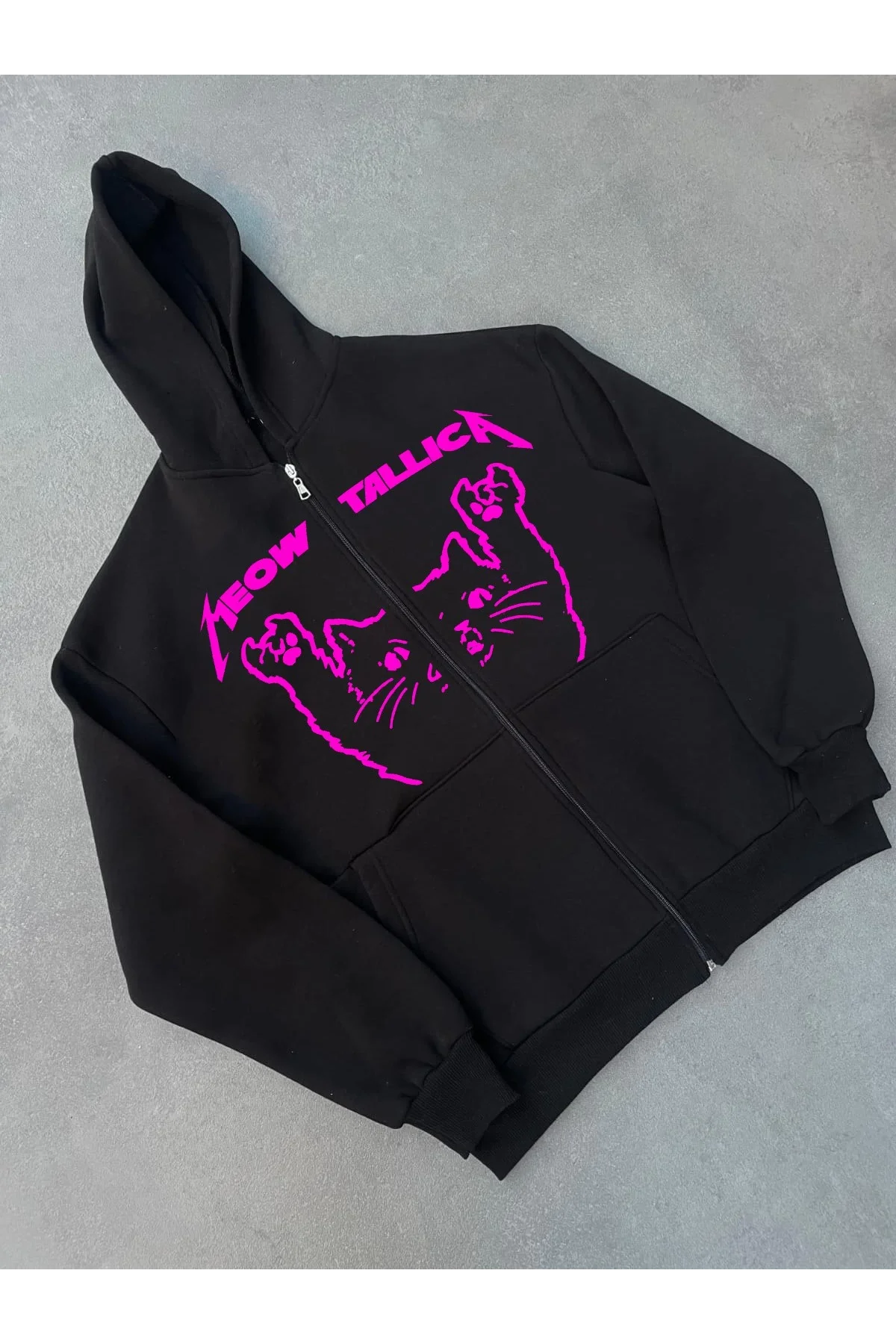 Kışlık Baskılı Fermuarlı Kapüşonlu Hırka - Siyah