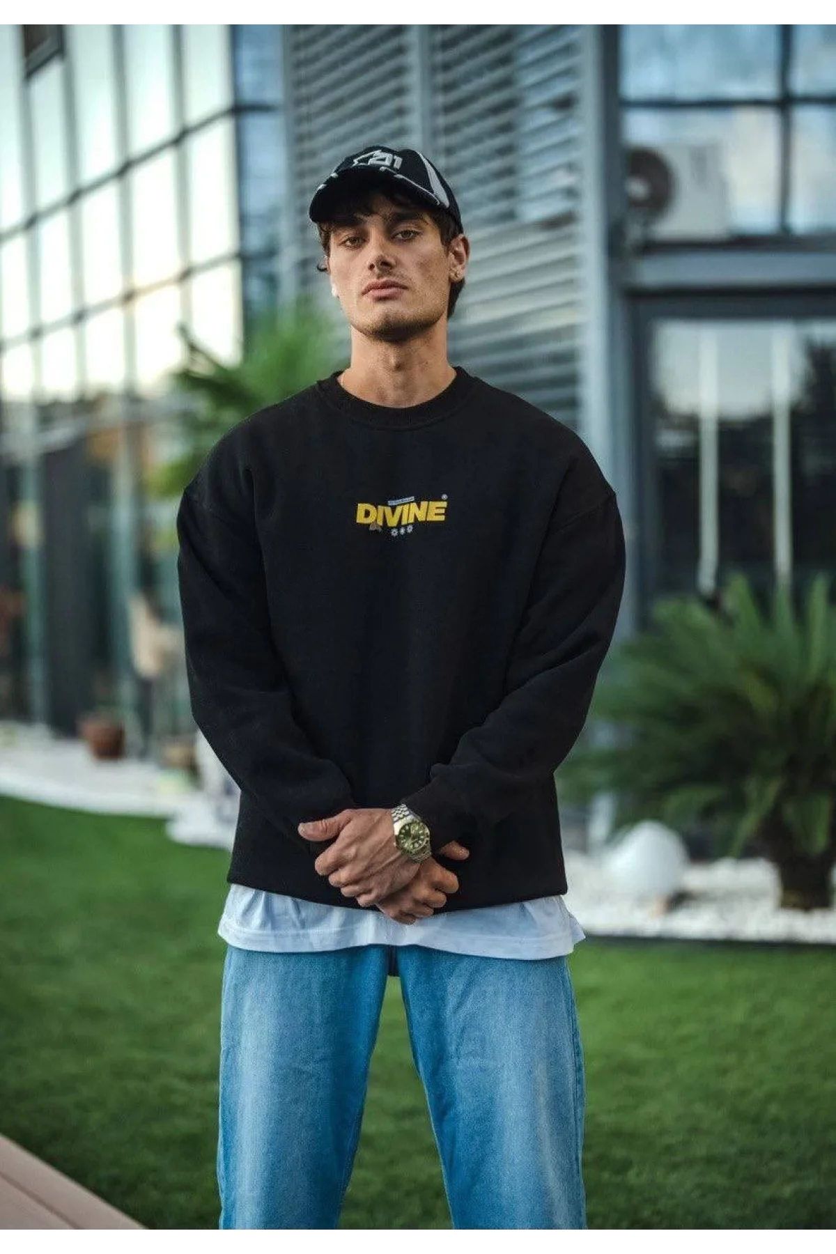 Kışlık Bisiklet Yaka Baskılı SweatShirt - Siyah