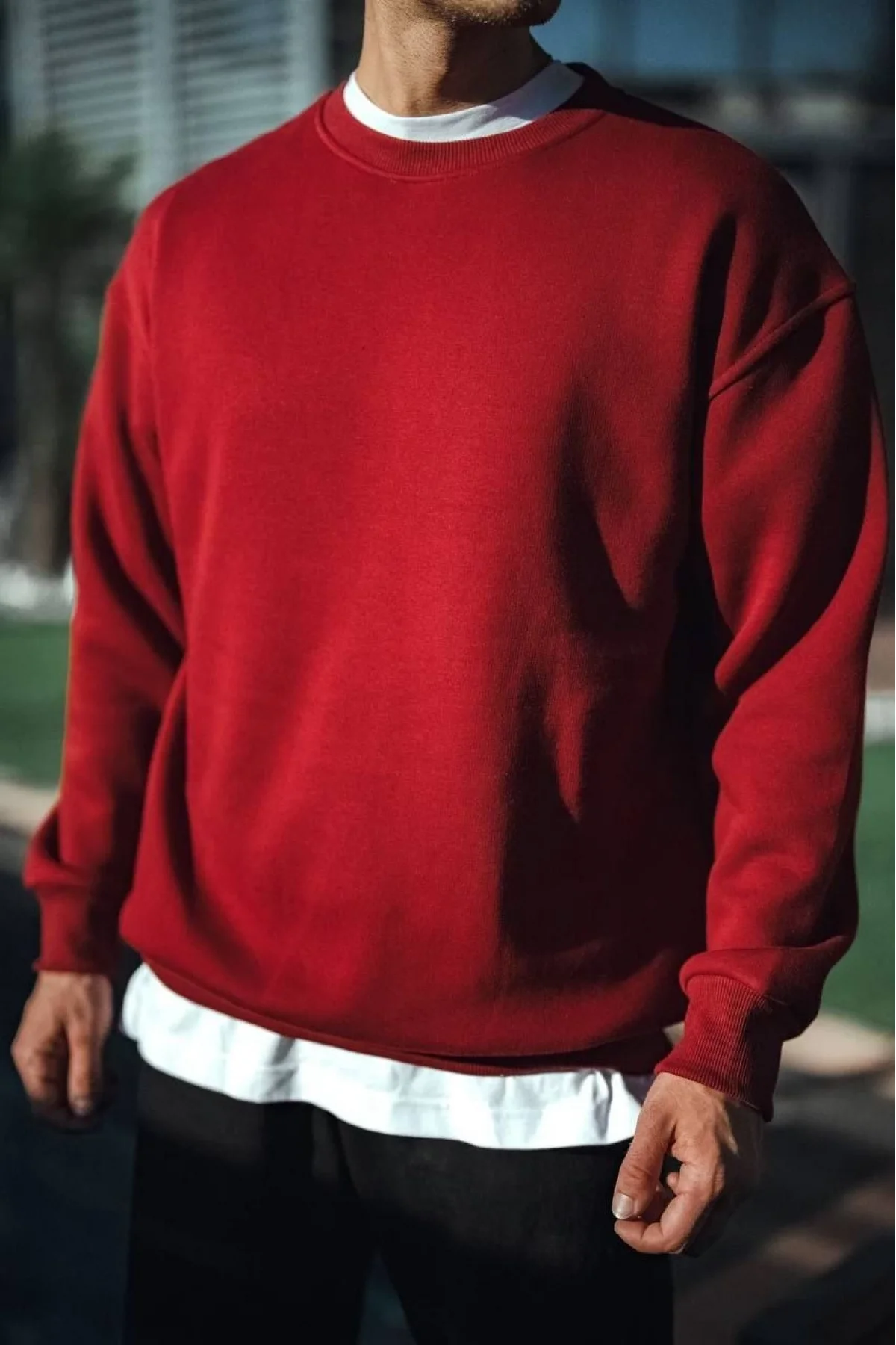 Erkek Kışlık Bisiklet Yaka Üç İplik Basic SweatShirt - Bordo