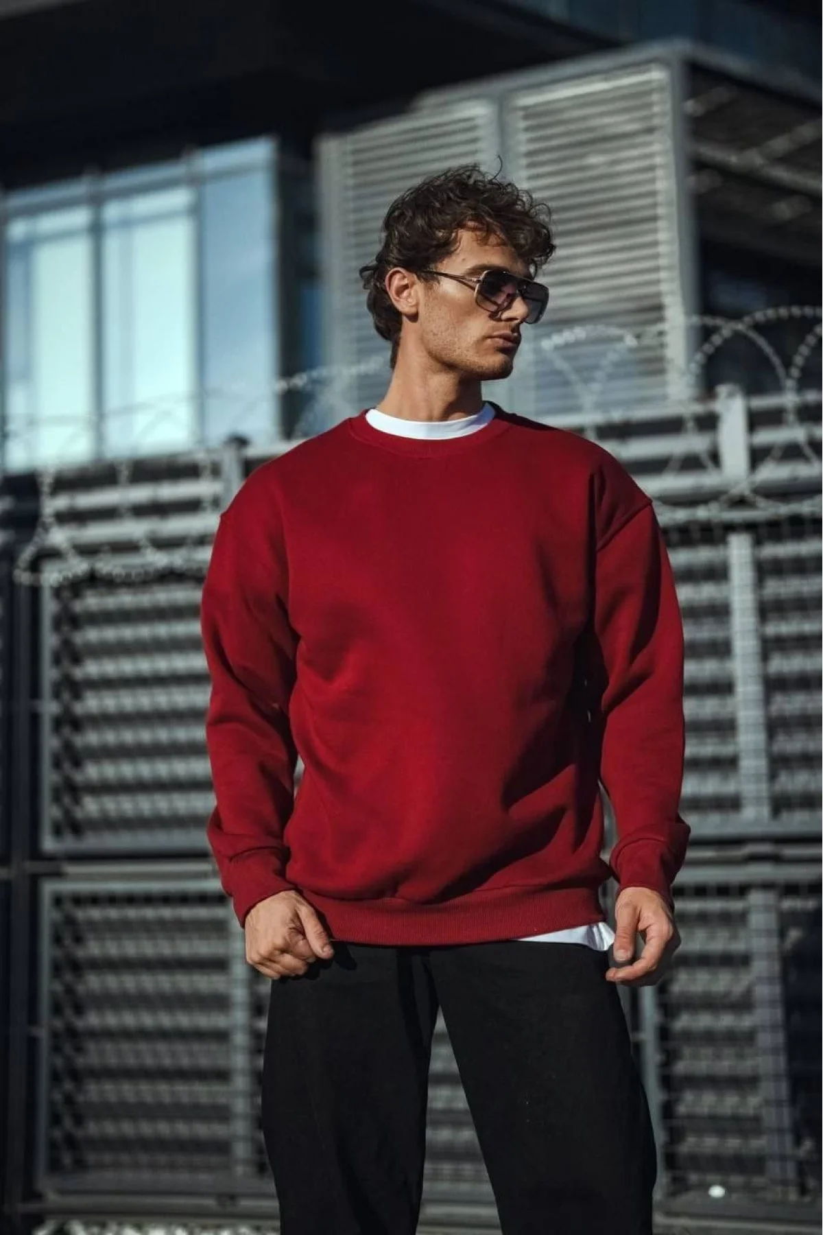 Erkek Kışlık Bisiklet Yaka Üç İplik Basic SweatShirt - Bordo