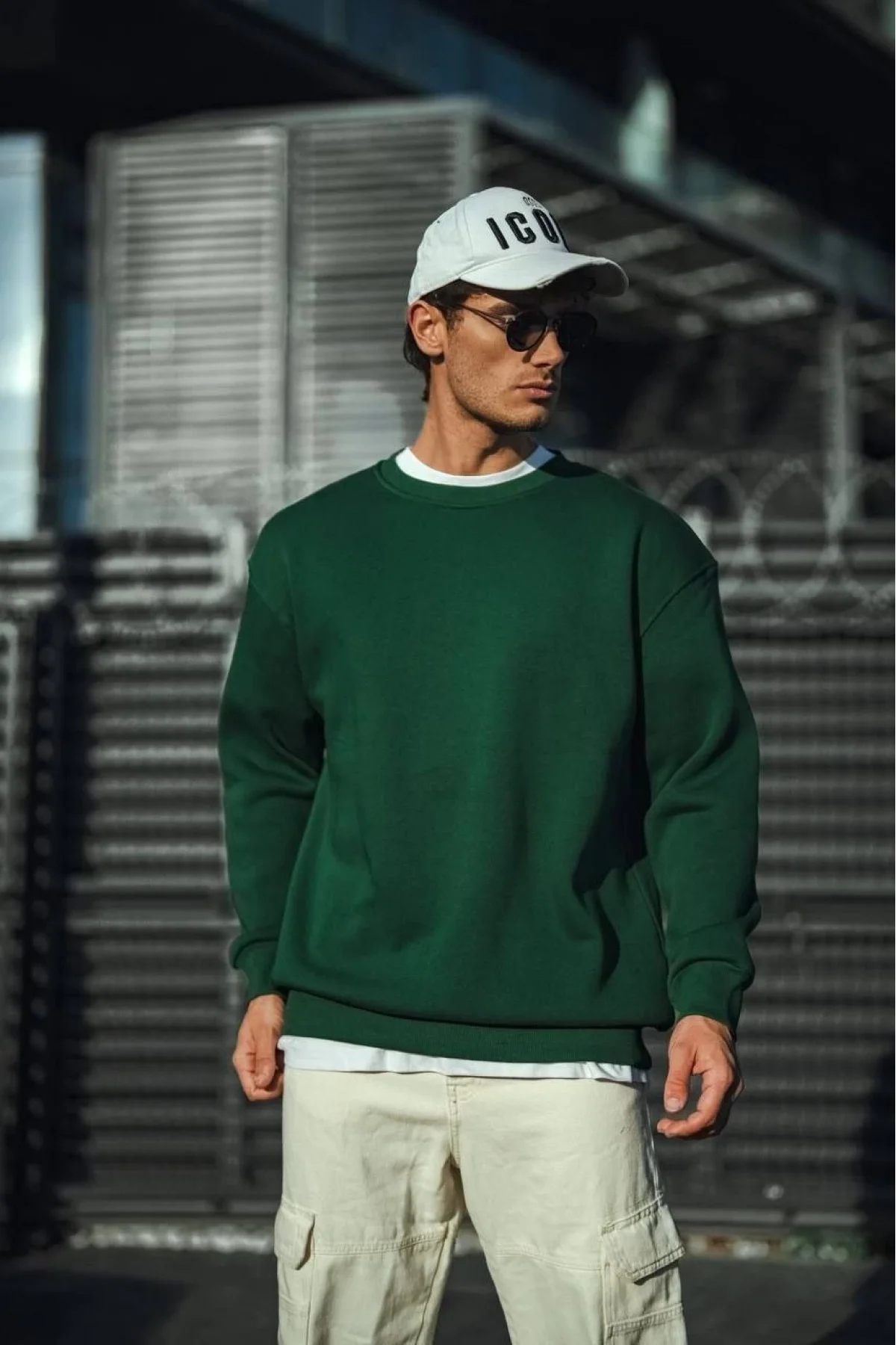 Erkek Bisiklet Yaka 3 İplik Pamuklu Basic SweatShirt - Haki