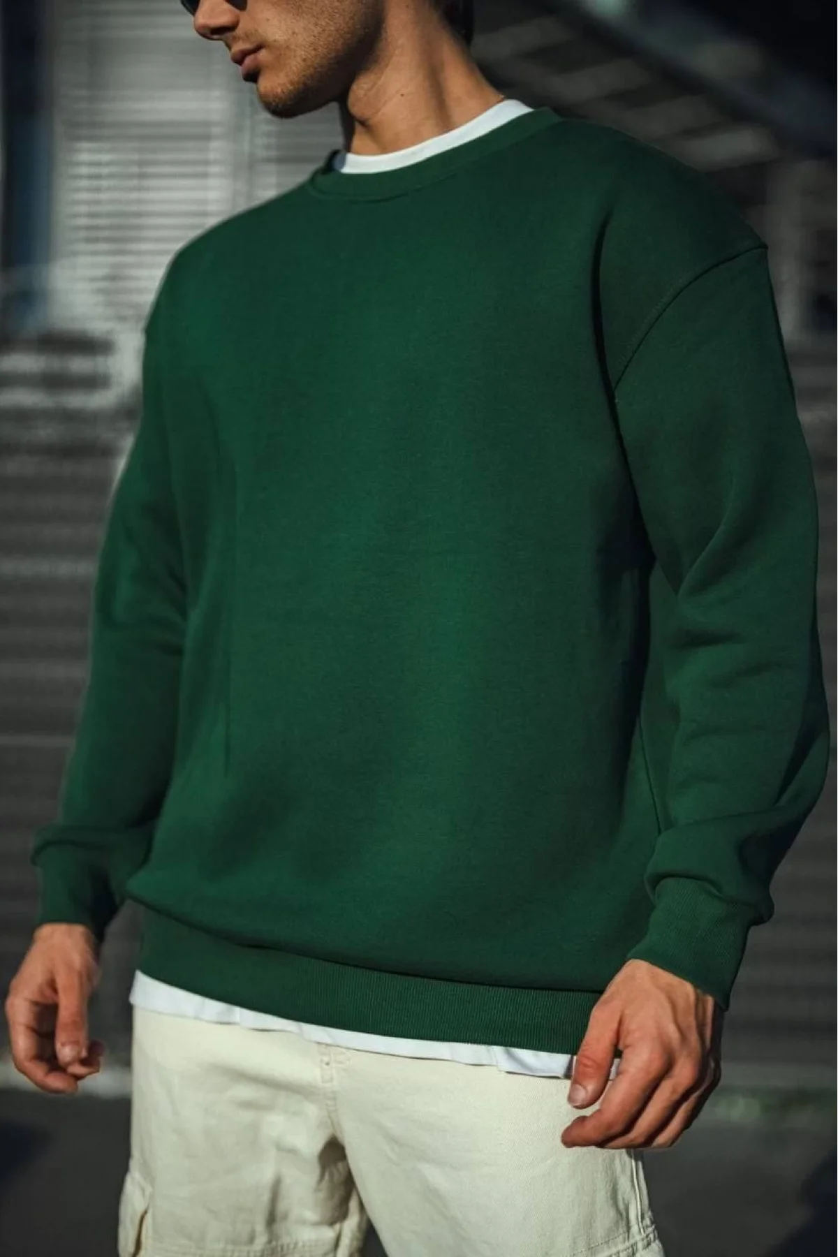 Erkek Bisiklet Yaka 3 İplik Pamuklu Basic SweatShirt - Haki
