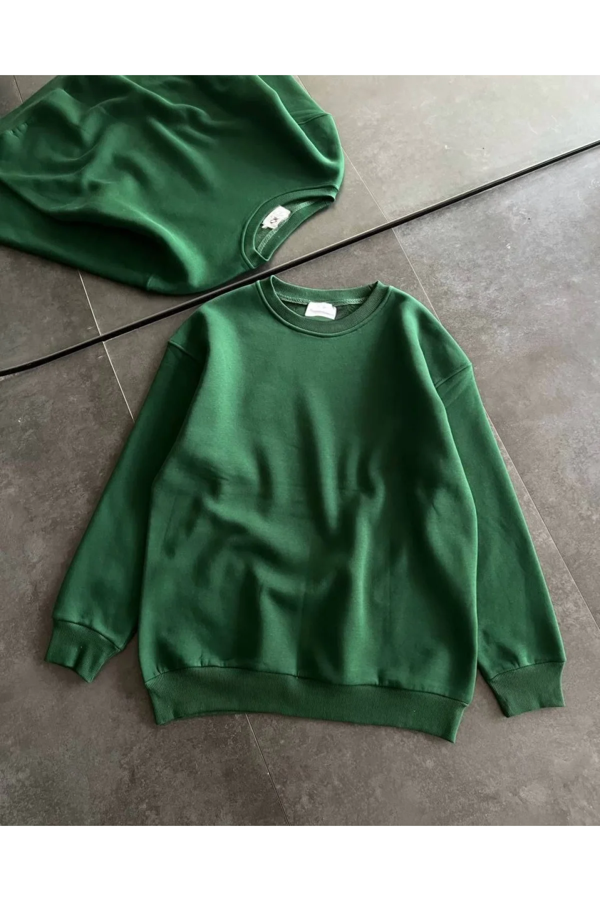 Kadın Kışlık Bisiklet Yaka Üç İplik Basic SweatShirt - Haki