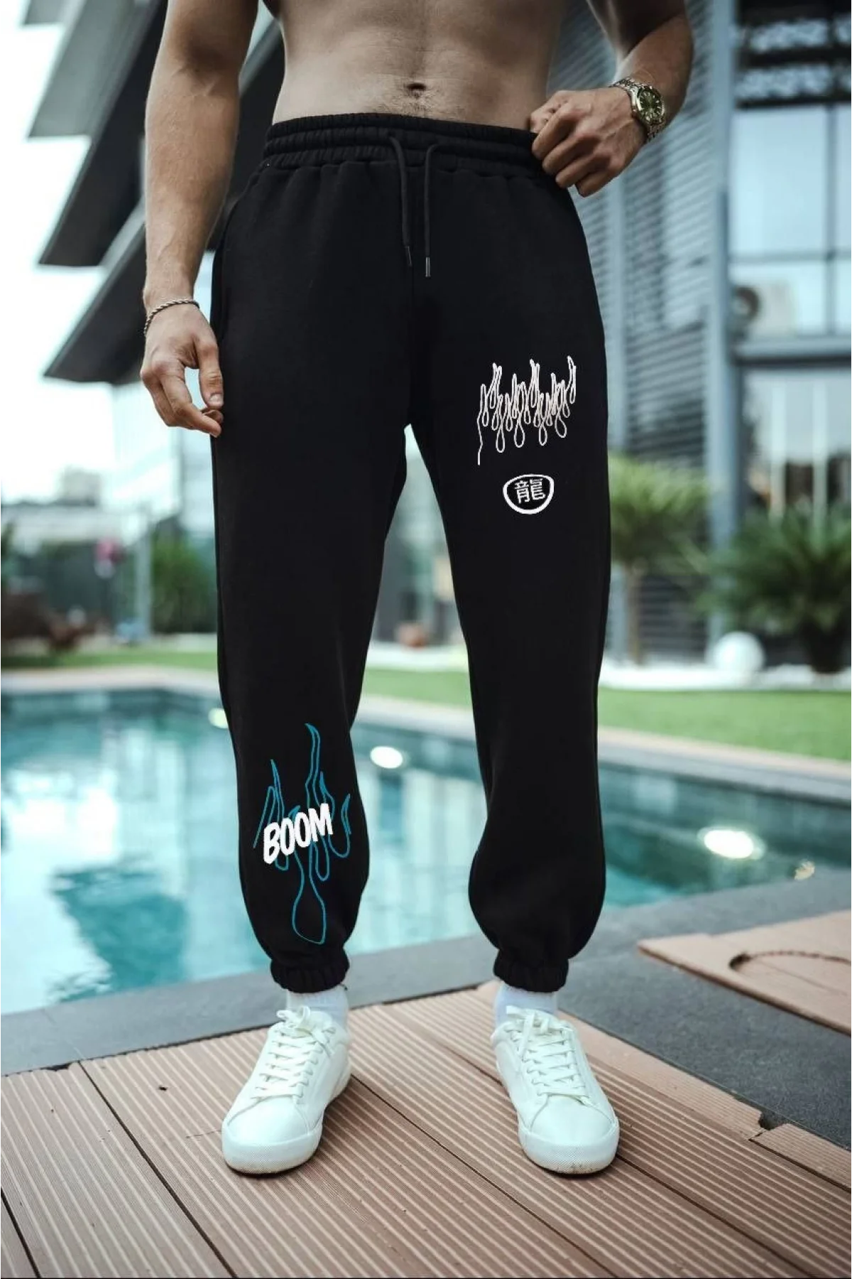 Erkek Kışlık Üç İplik Baskılı Eşofman Pantolon - Siyah