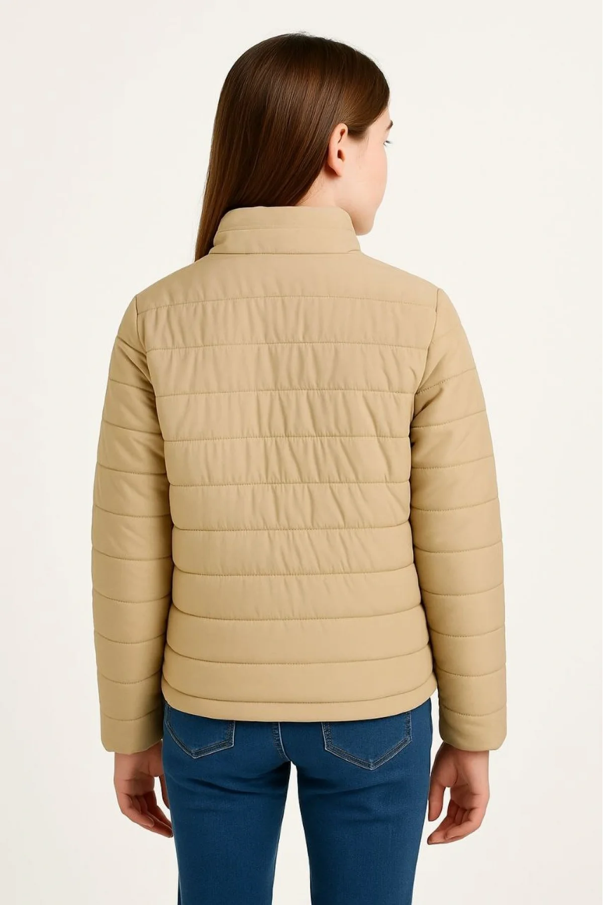 Kız Çocuk Şişme Mont Hafif ve Sıcak Tutucu Kışlık Fermuarlı Su İtici Rahat Günlük Mont Kapüşonuz Modern Tasarım - Bej