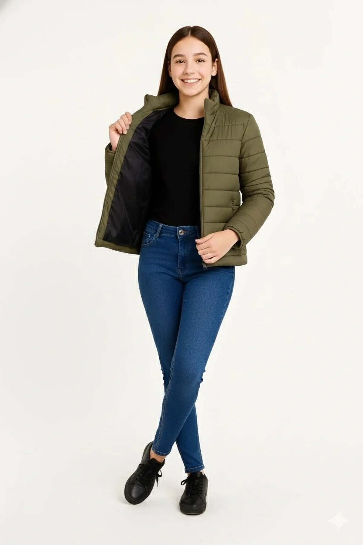 Kız Çocuk Şişme Mont Hafif ve Sıcak Tutucu Kışlık Fermuarlı Su İtici Rahat Günlük Mont Kapüşonuz Modern Tasarım - Haki