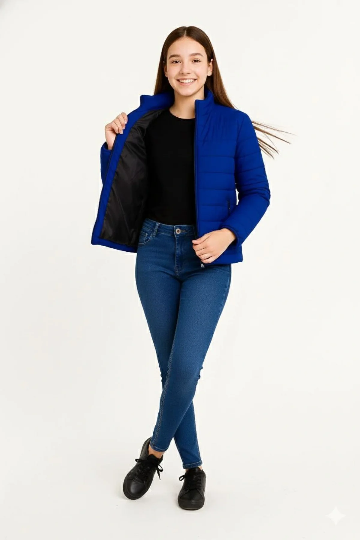 Kız Çocuk Şişme Mont Hafif ve Sıcak Tutucu Kışlık Fermuarlı Su İtici Rahat Günlük Mont Kapüşonuz Modern Tasarım - Saks Mavisi