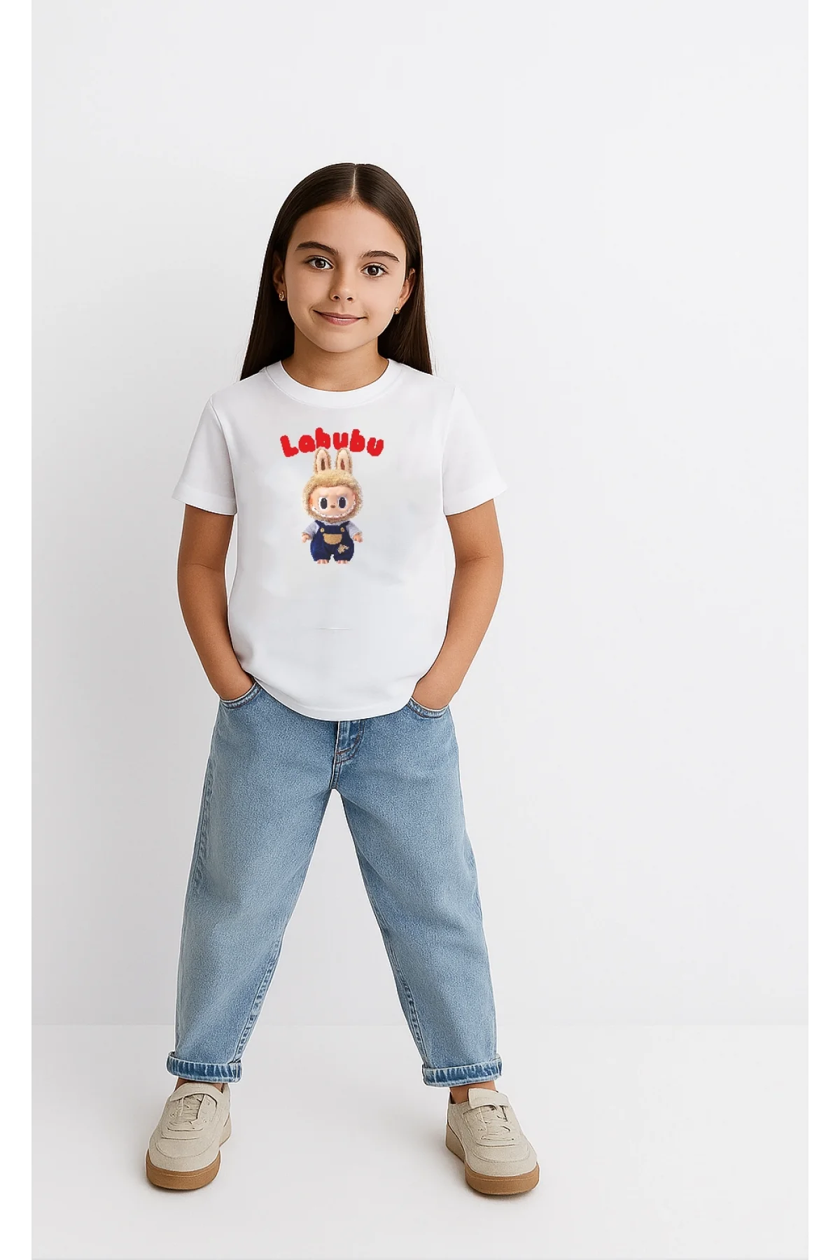 Kız Labubu Çocuk Baskılı T-Shirt - Beyaz