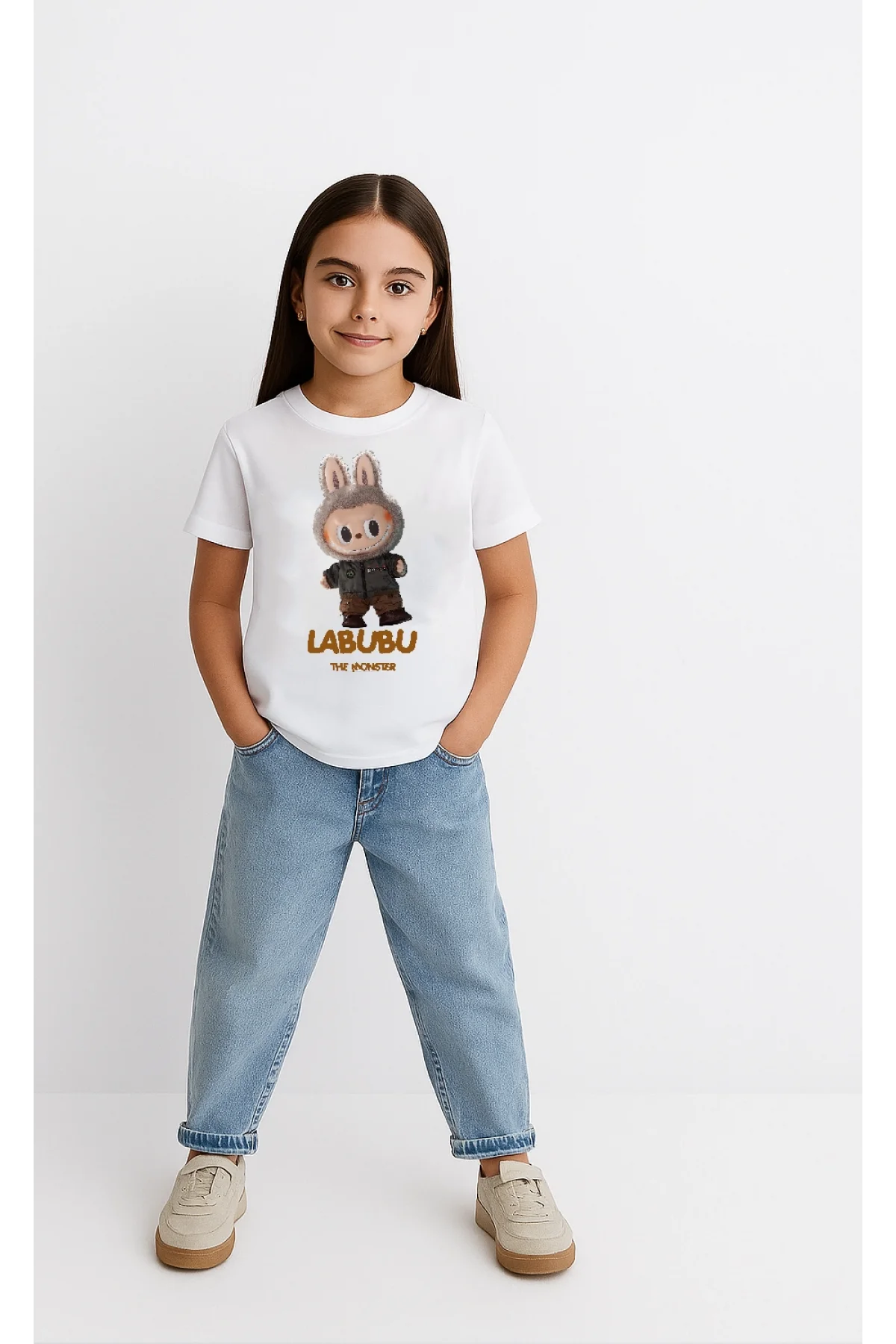 Kız Labubu Çocuk Baskılı T-Shirt - Beyaz