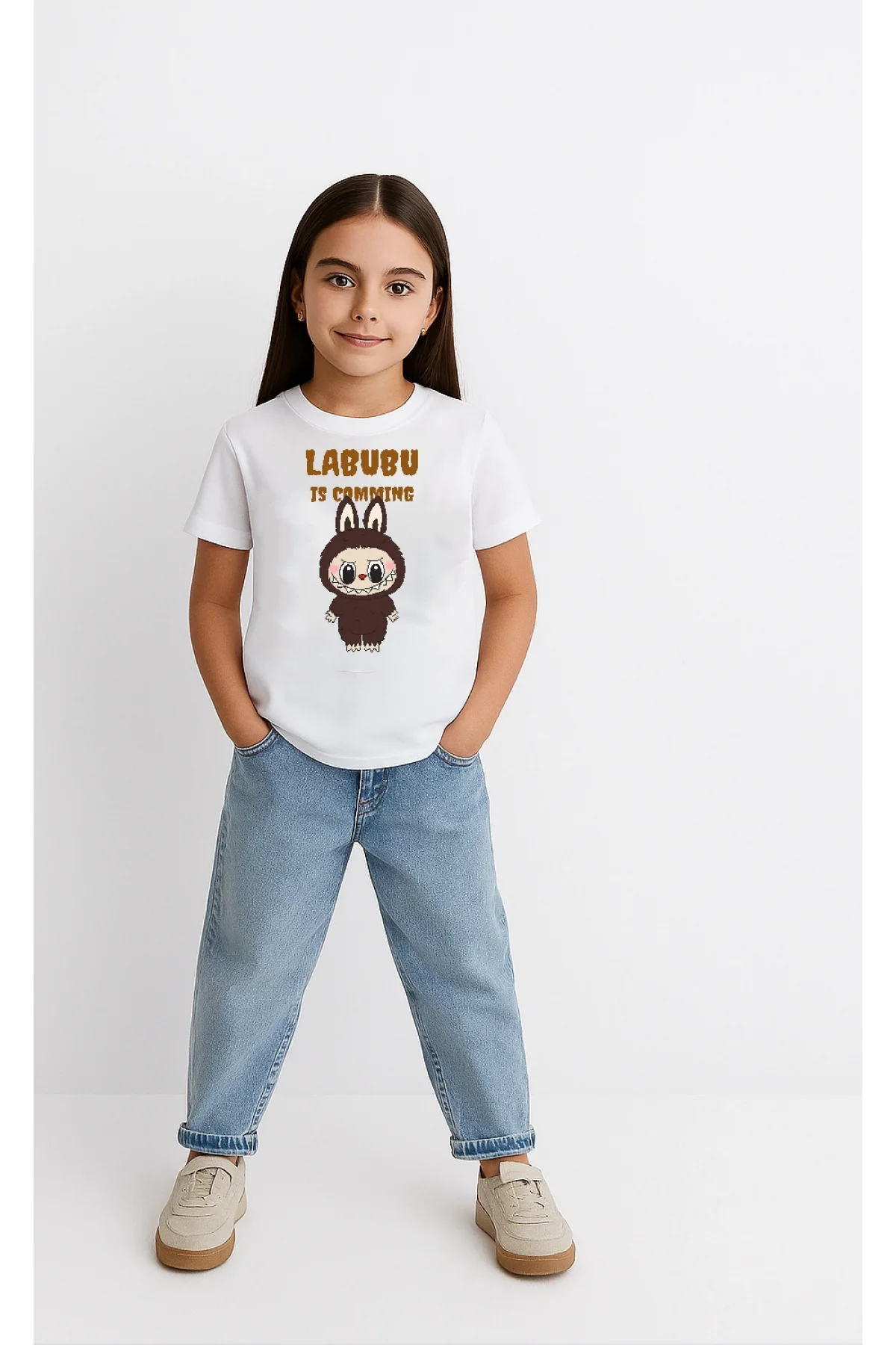 Kız Labubu Çocuk Baskılı T-Shirt - Beyaz