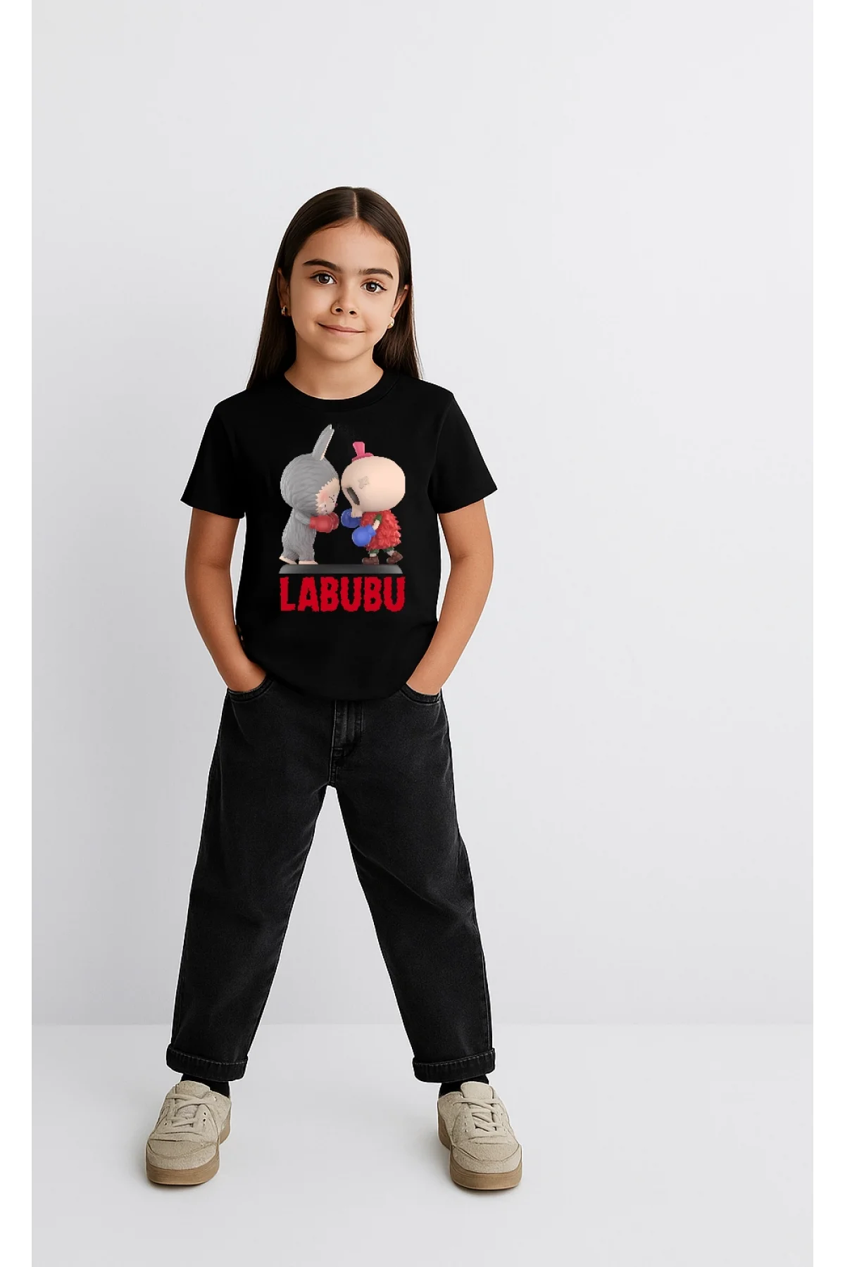 Kız Labubu Çocuk Baskılı T-Shirt - Siyah