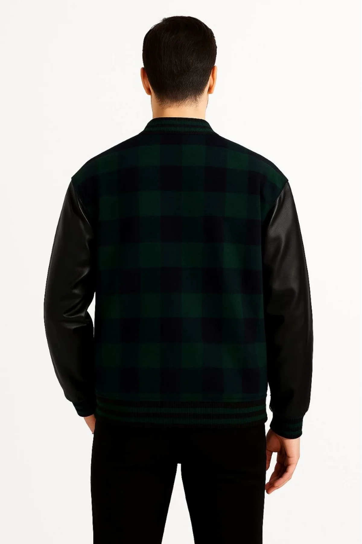 Erkek Kolej Ceket – Kareli Oduncu Kumaş, Kolları Suni Deri, Fermuarlı, İçi Kapitone Astarlı, Nakışlı Oversize Bahar & Kış Stil - Haki