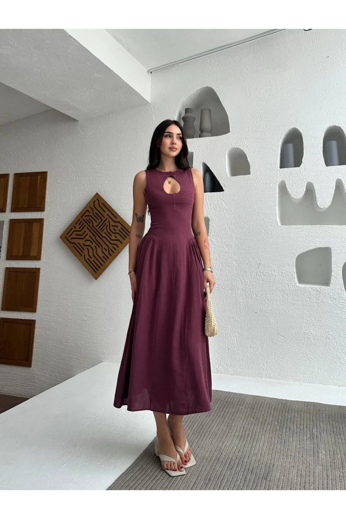 Kolsuz Uzun Kabardin Elbise - Bordo