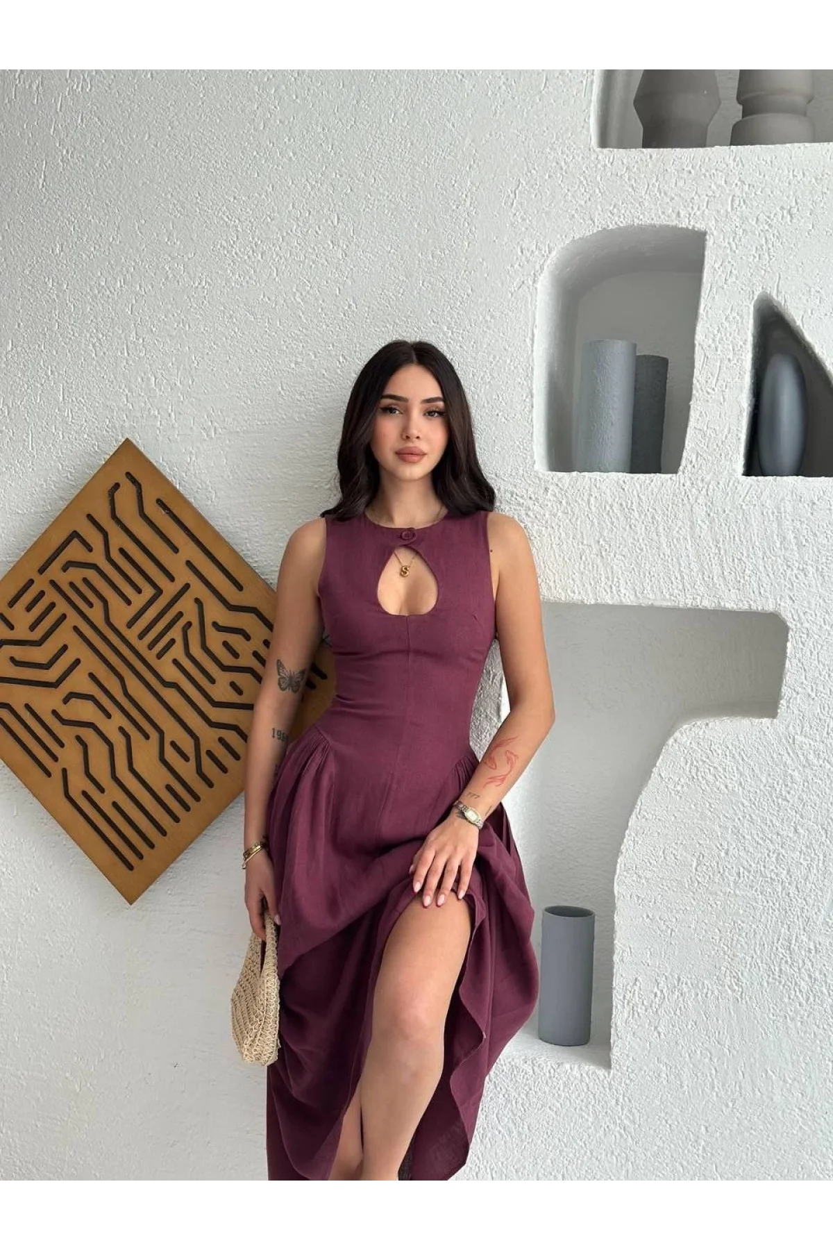 Kolsuz Uzun Kabardin Elbise - Bordo