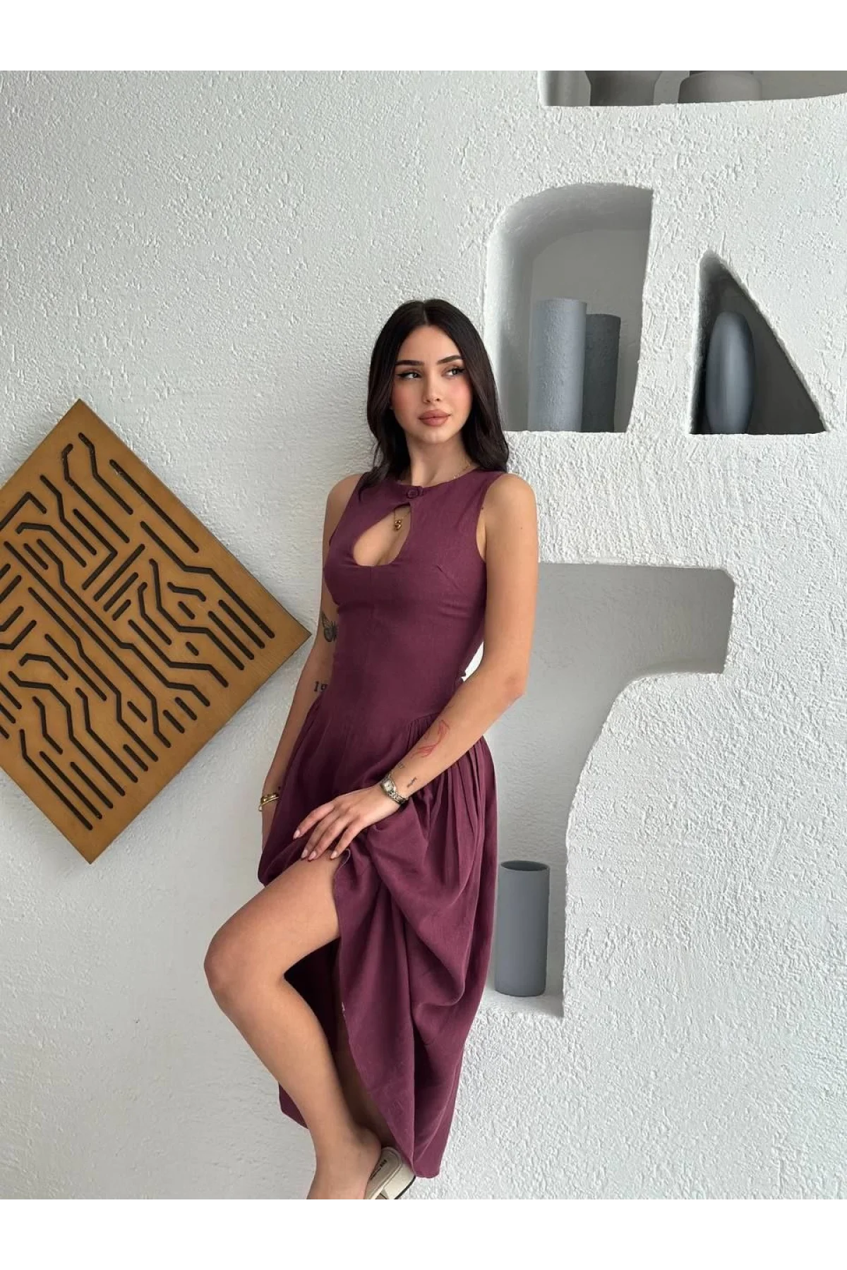 Kolsuz Uzun Kabardin Elbise - Bordo